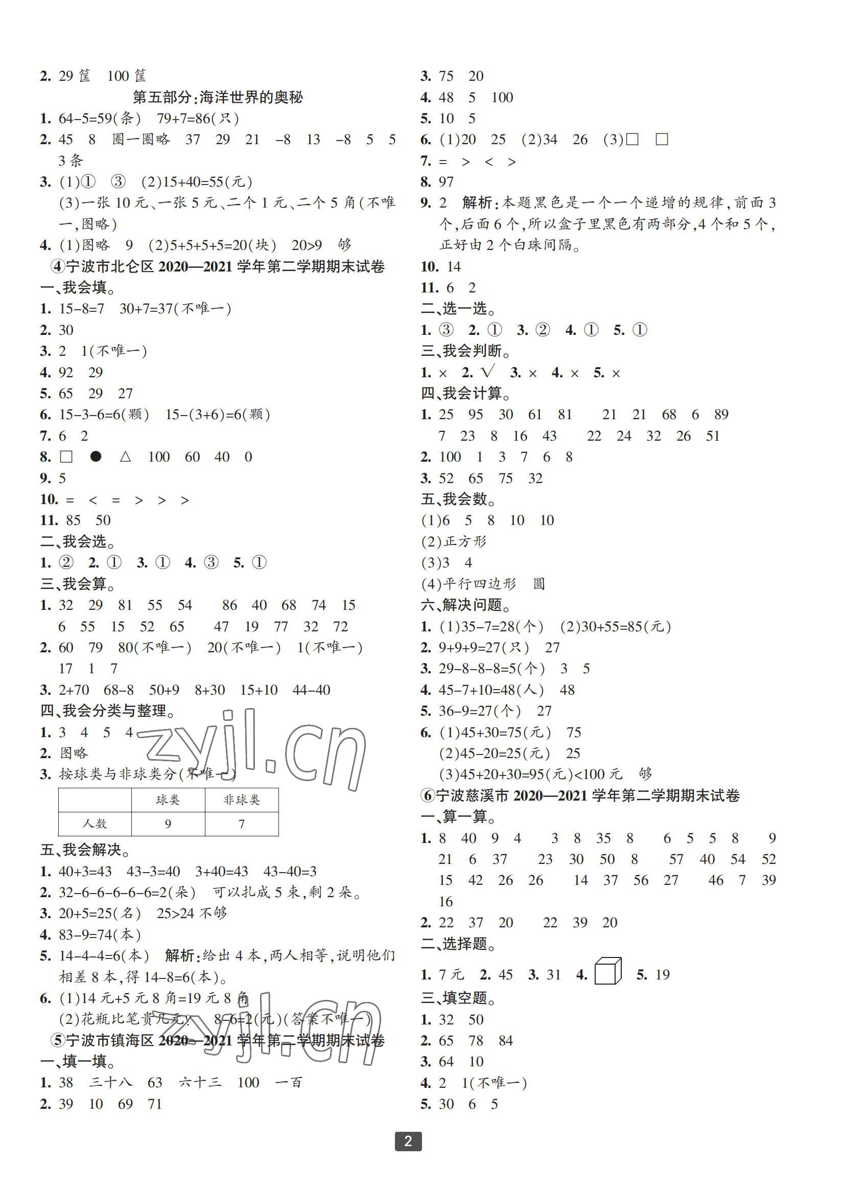 2022年浙江新期末一年級(jí)數(shù)學(xué)下冊(cè)人教版寧波專版 參考答案第2頁(yè)