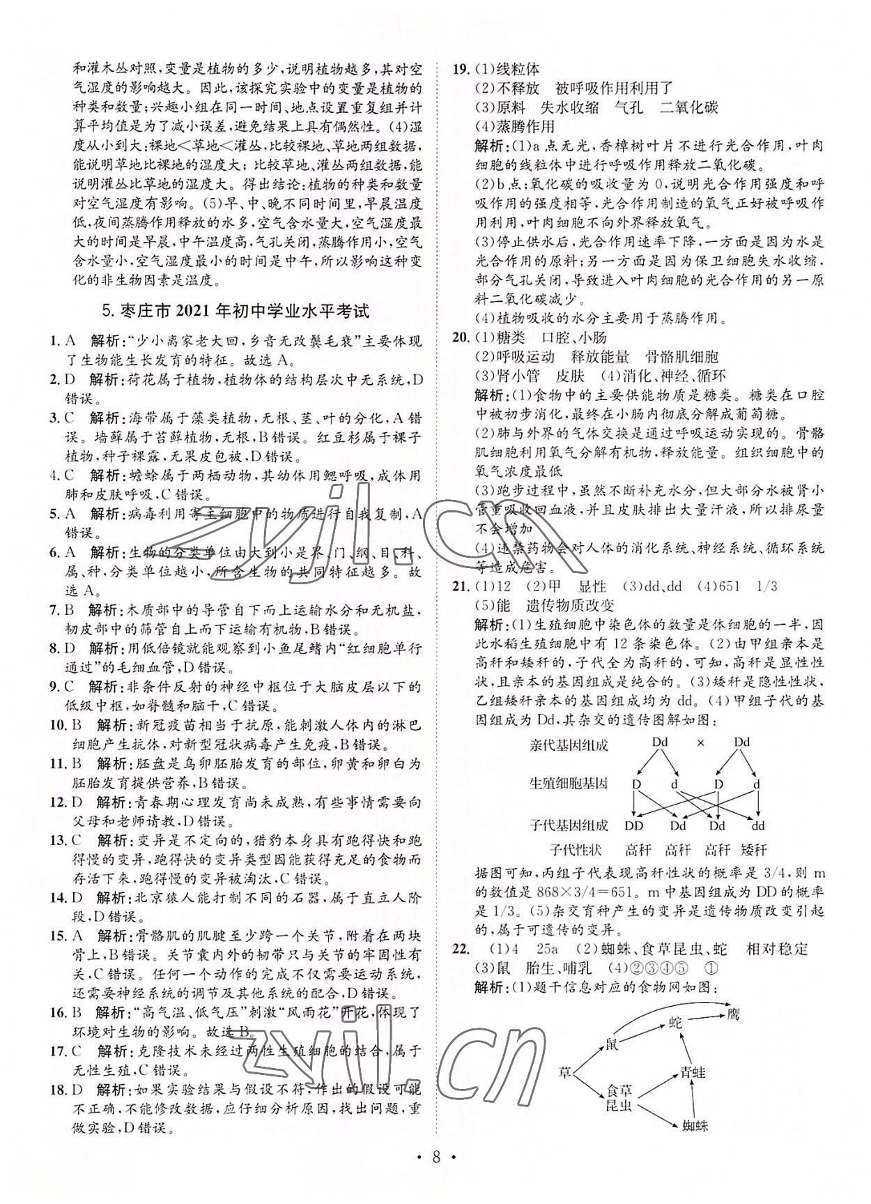 2022年正大图书中考试题汇编生物山东专版 参考答案第8页