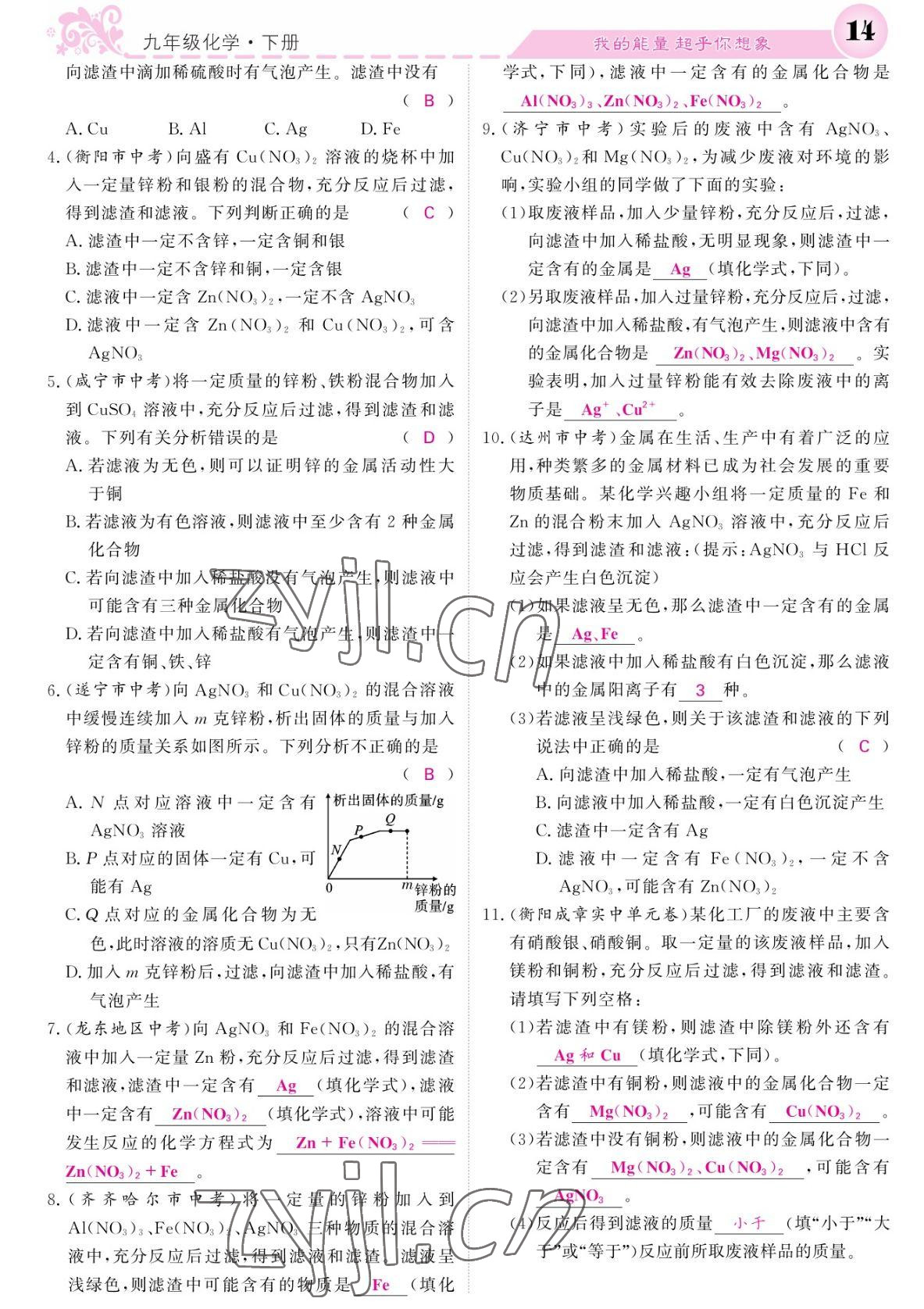 2022年課堂點睛九年級化學(xué)下冊人教版湖南專版 參考答案第14頁