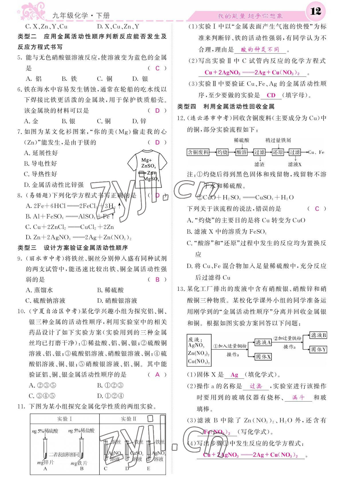 2022年課堂點睛九年級化學(xué)下冊人教版湖南專版 參考答案第12頁