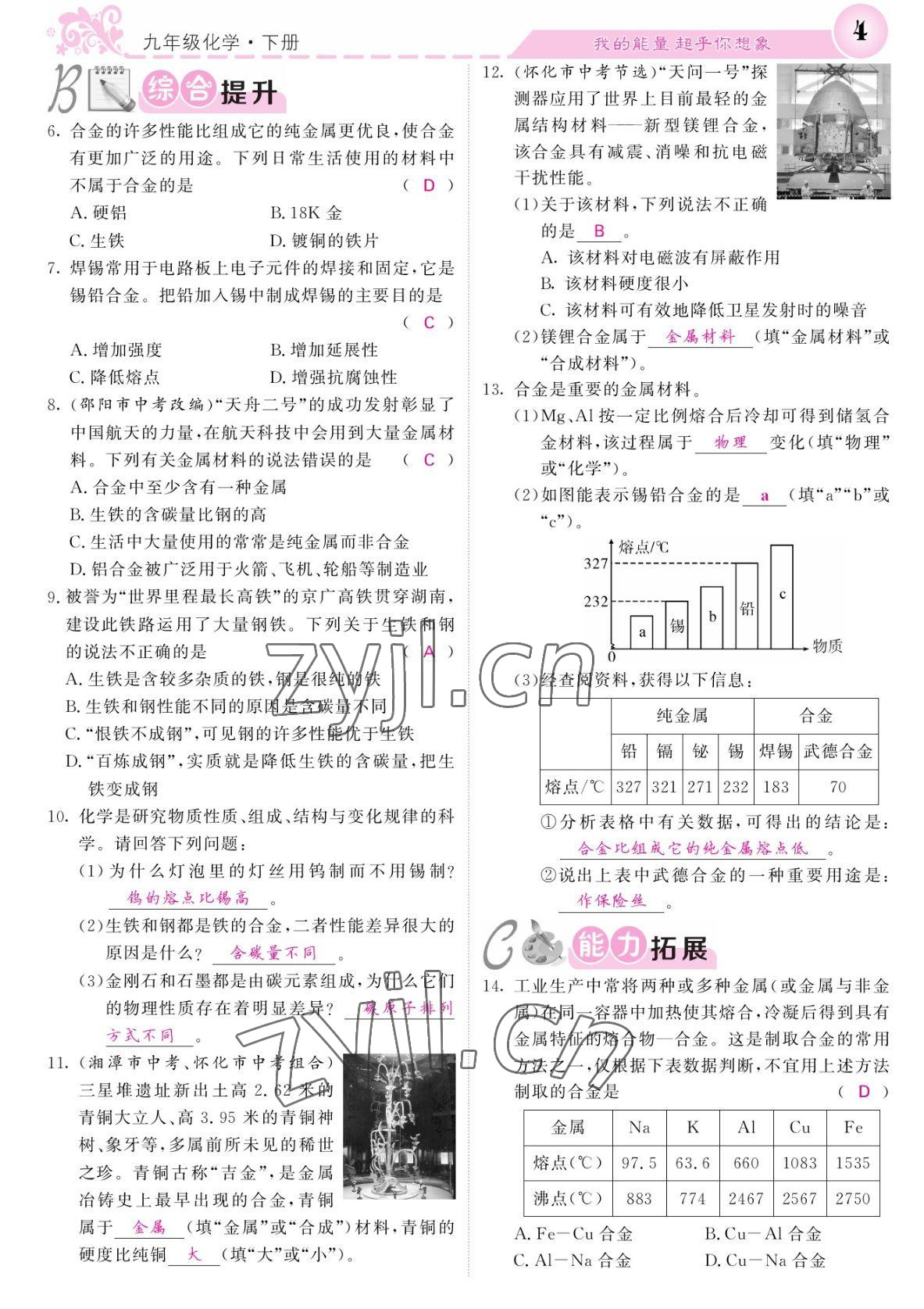 2022年課堂點(diǎn)睛九年級化學(xué)下冊人教版湖南專版 參考答案第4頁