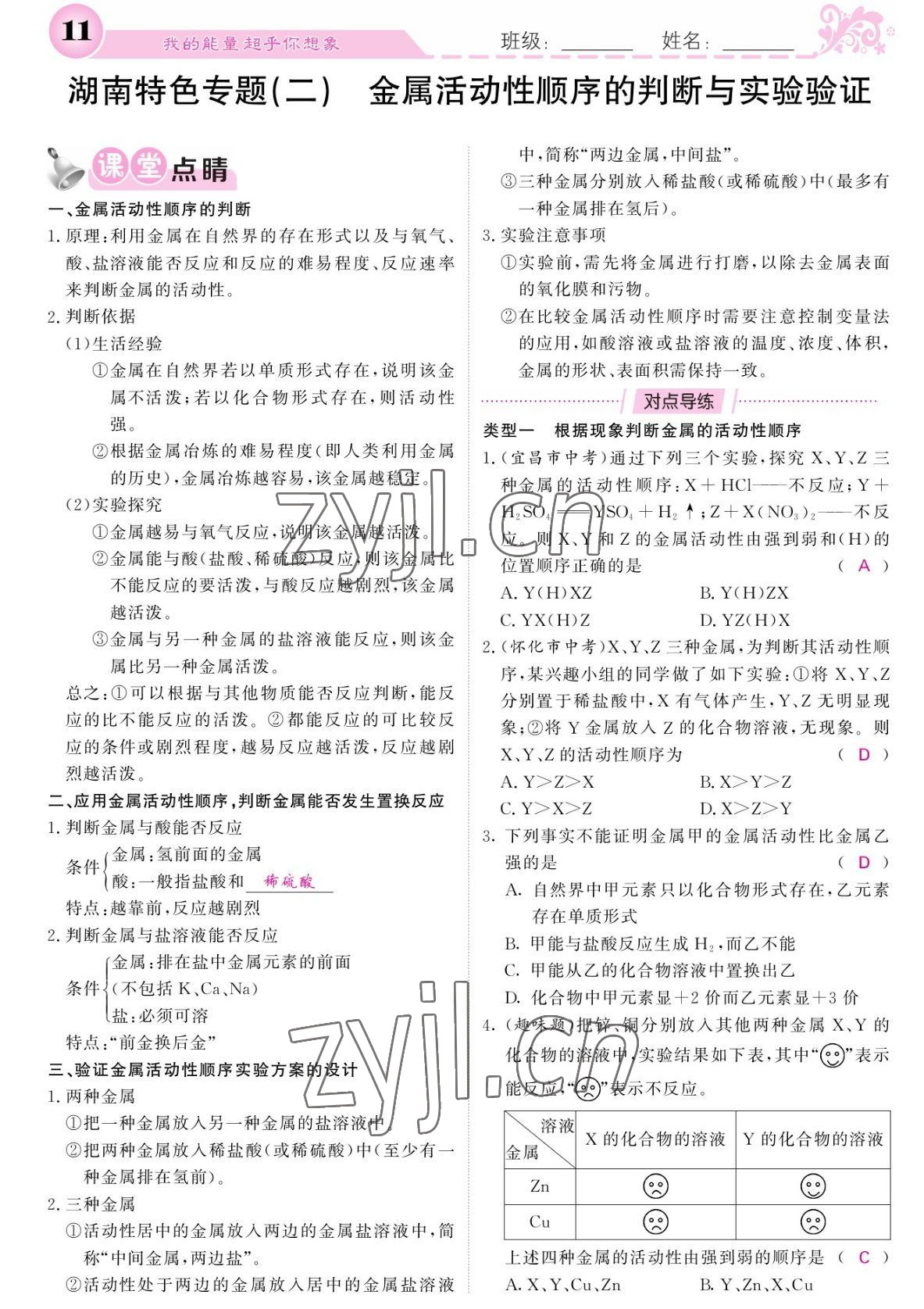 2022年課堂點睛九年級化學下冊人教版湖南專版 參考答案第11頁