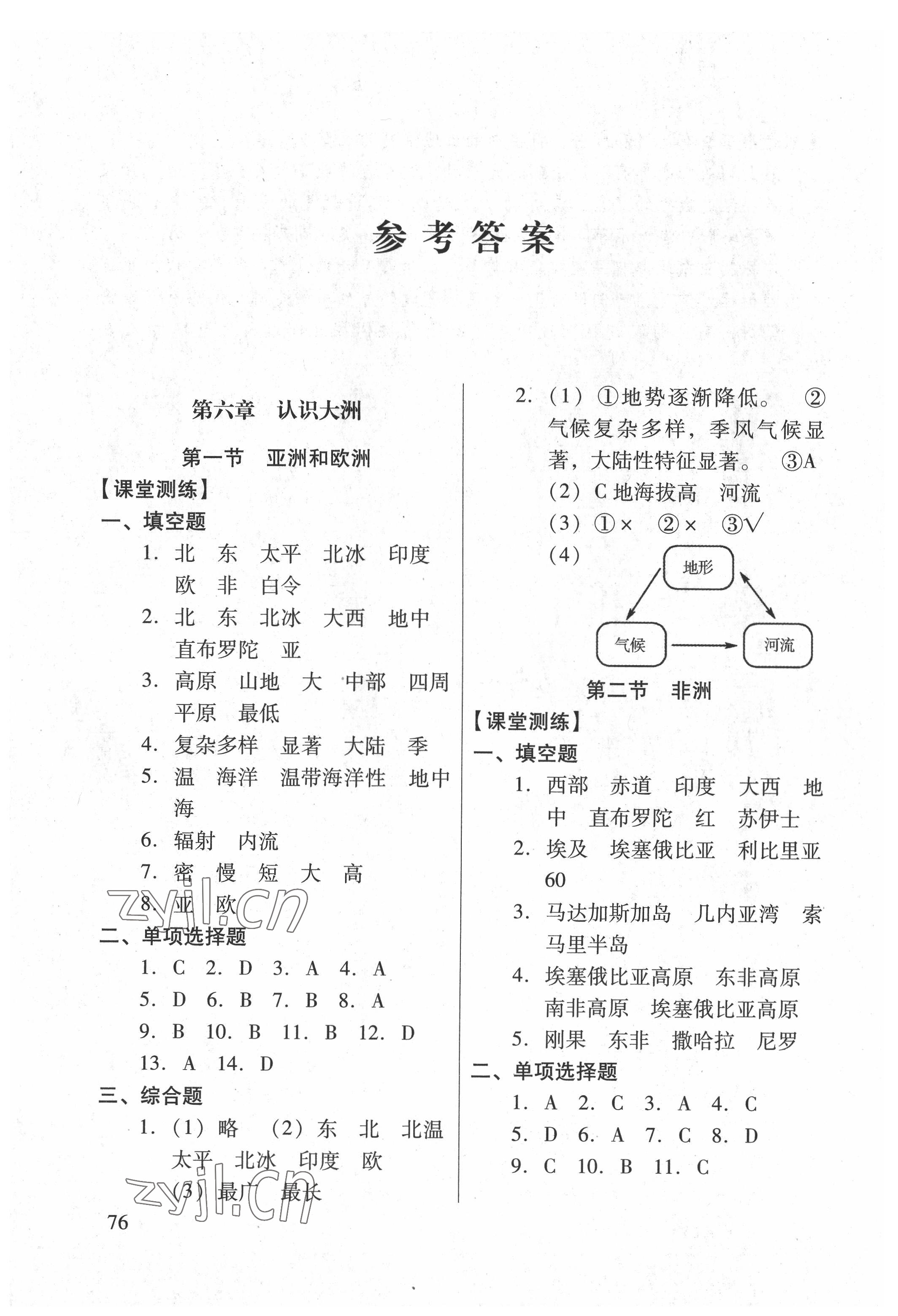 2022年自主學習導引七年級地理下冊湘教版 參考答案第1頁