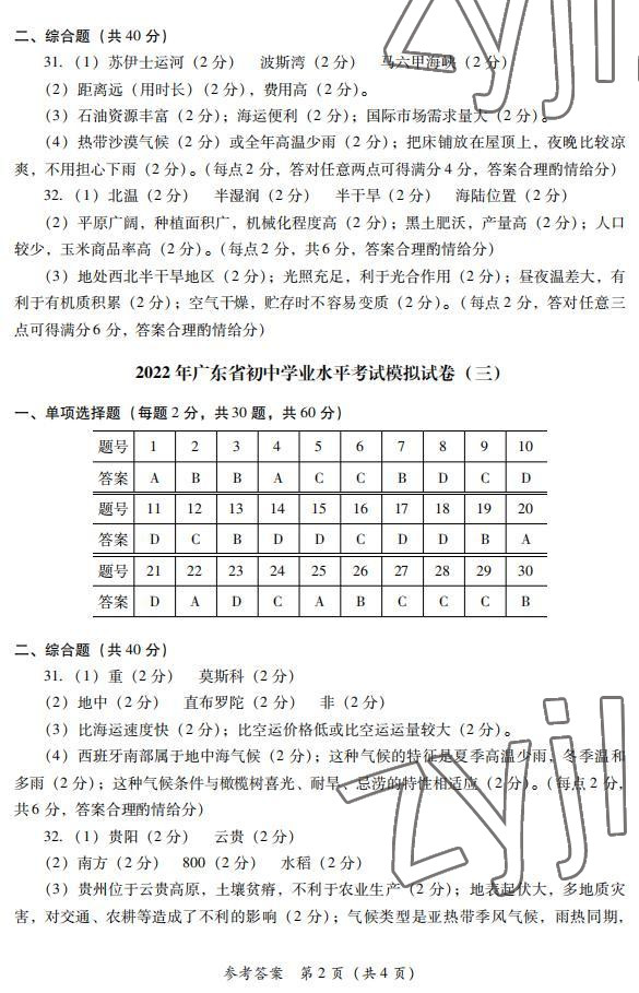 2022年广东省初中学业水平考试模拟试卷地理 参考答案第2页