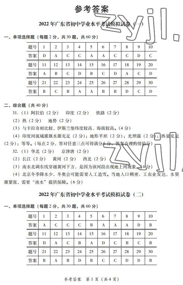 2022年廣東省初中學業(yè)水平考試模擬試卷地理 參考答案第1頁