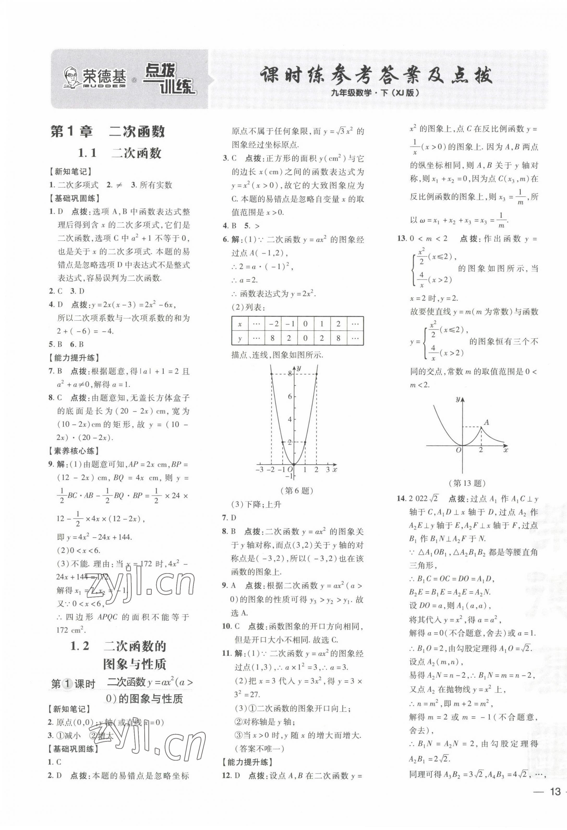 2022年點(diǎn)撥訓(xùn)練九年級數(shù)學(xué)下冊湘教版 參考答案第1頁