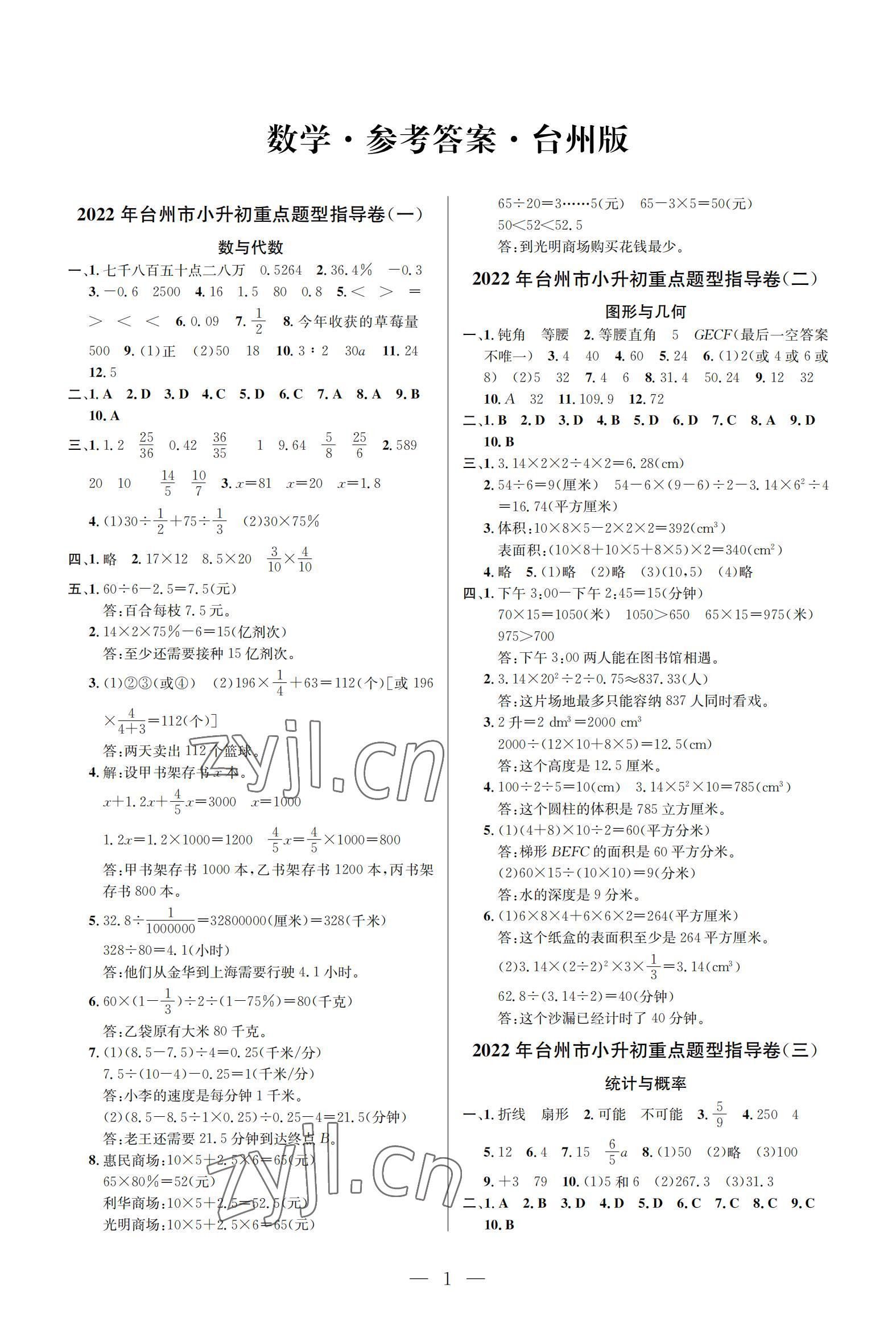 2022年小學(xué)畢業(yè)特訓(xùn)卷六年級數(shù)學(xué)人教版臺州專版 參考答案第1頁