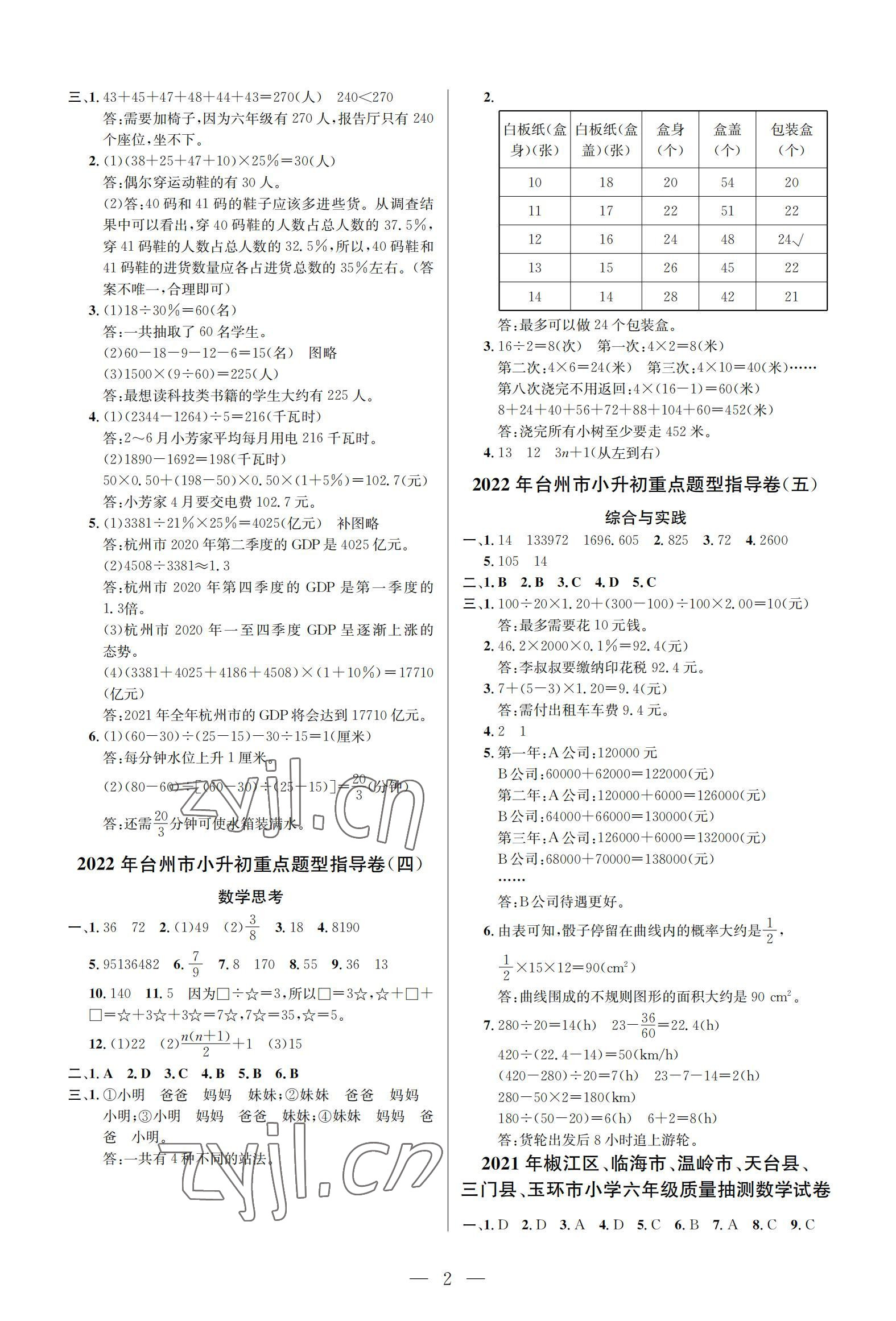 2022年小學(xué)畢業(yè)特訓(xùn)卷六年級(jí)數(shù)學(xué)人教版臺(tái)州專版 參考答案第2頁(yè)