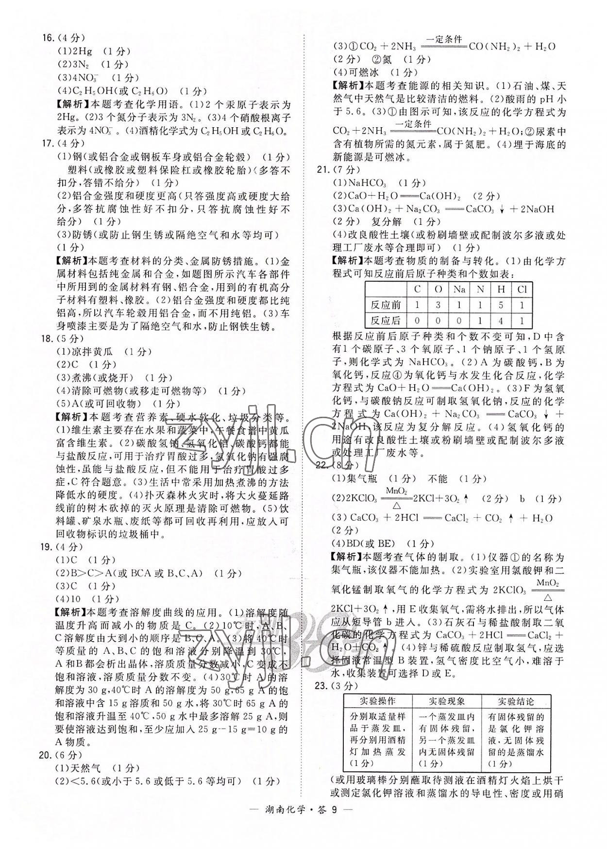 2022年天利38套中考試題精選化學(xué)湖南專版 參考答案第9頁