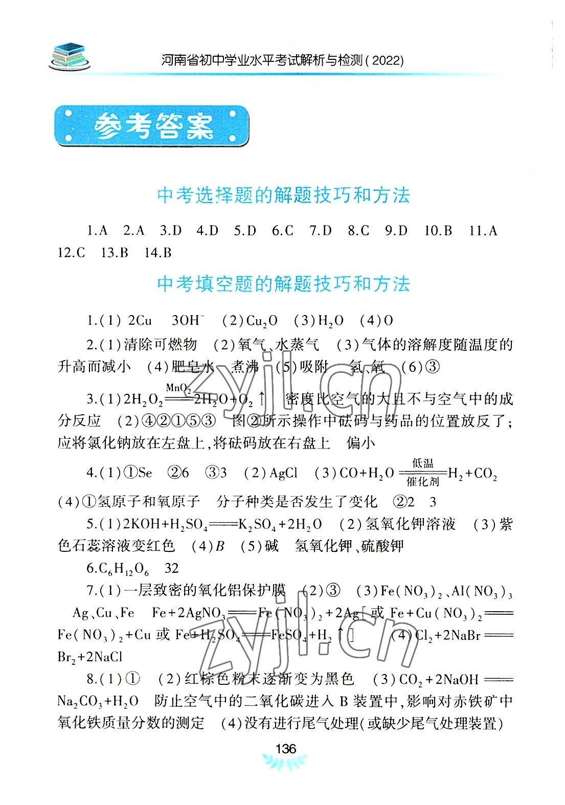 2022年河南省初中學(xué)業(yè)水平考試解析與檢測化學(xué)下冊 參考答案第1頁