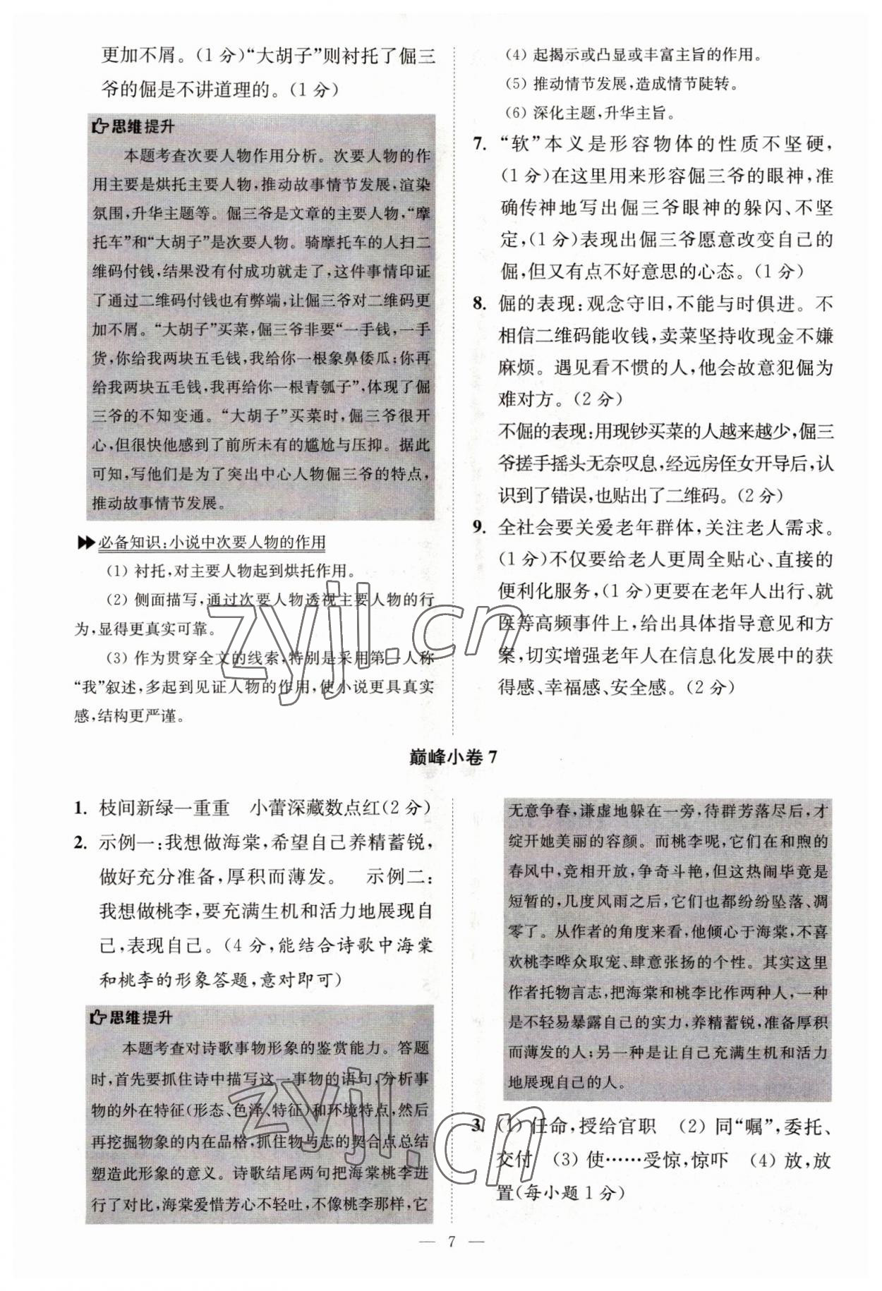 2022年小題狂做九年級語文下冊人教版巔峰版 參考答案第7頁