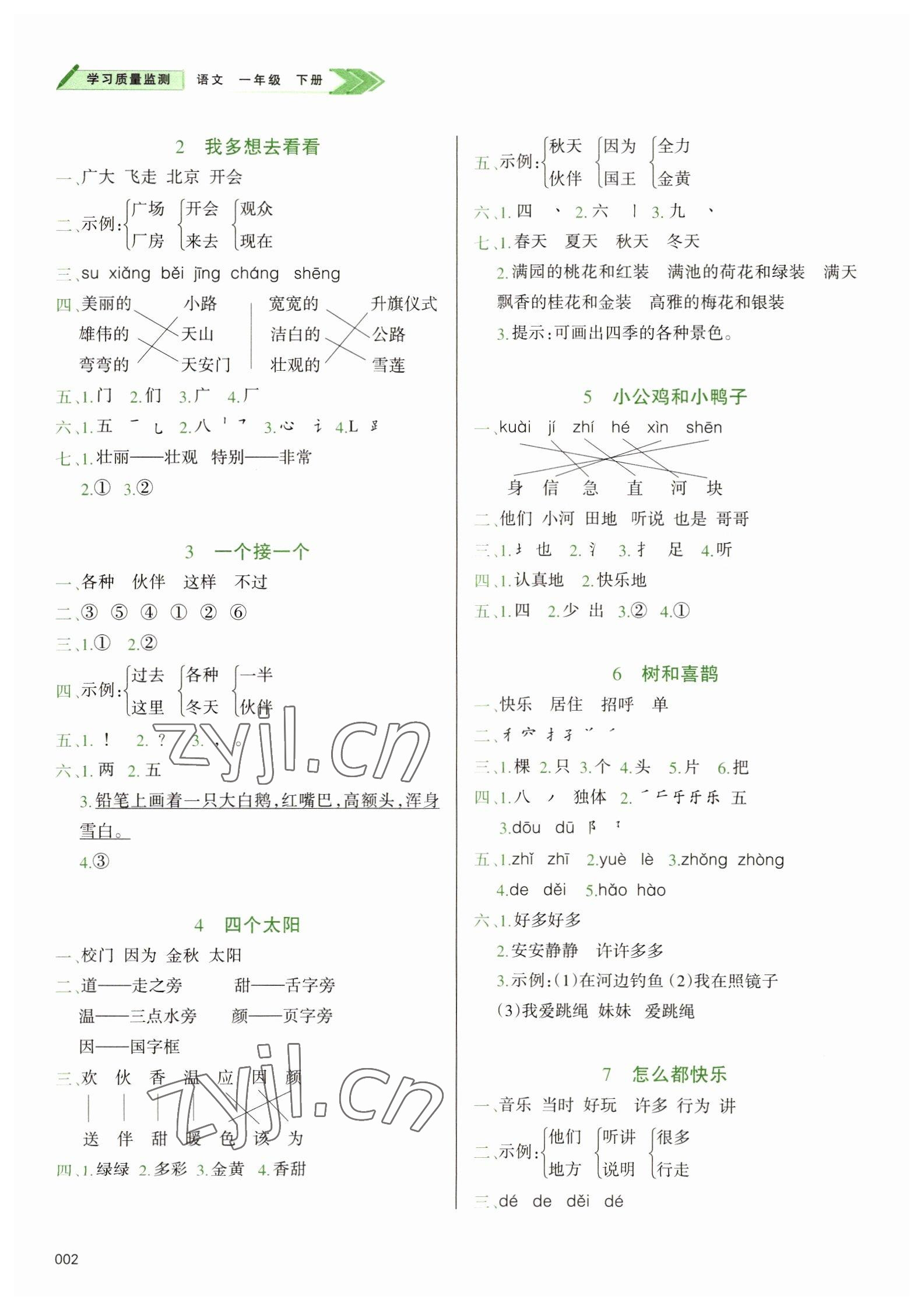 2022年學(xué)習(xí)質(zhì)量監(jiān)測一年級語文下冊人教版 參考答案第2頁