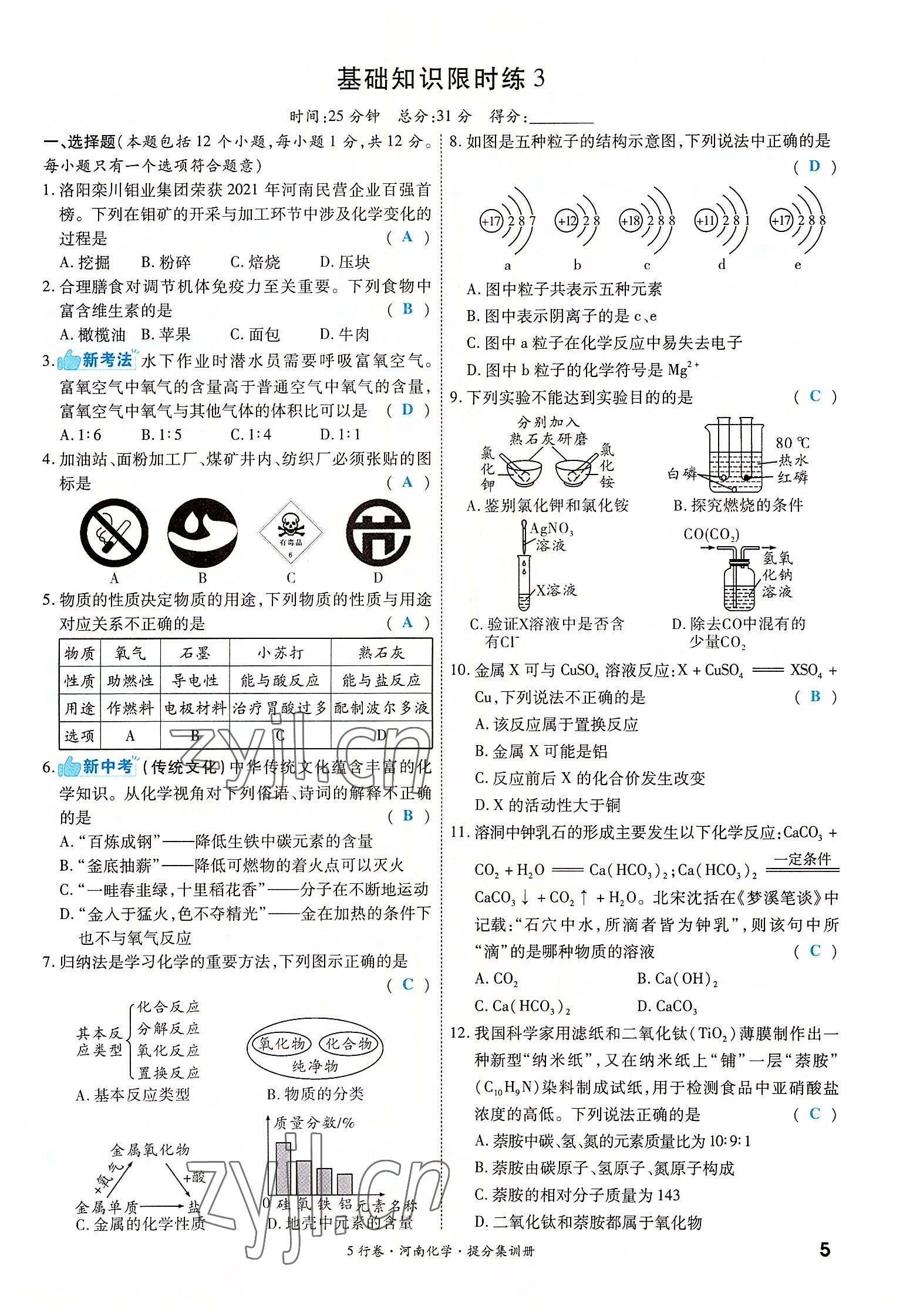 2022年一战成名5行卷化学河南专版 参考答案第7页