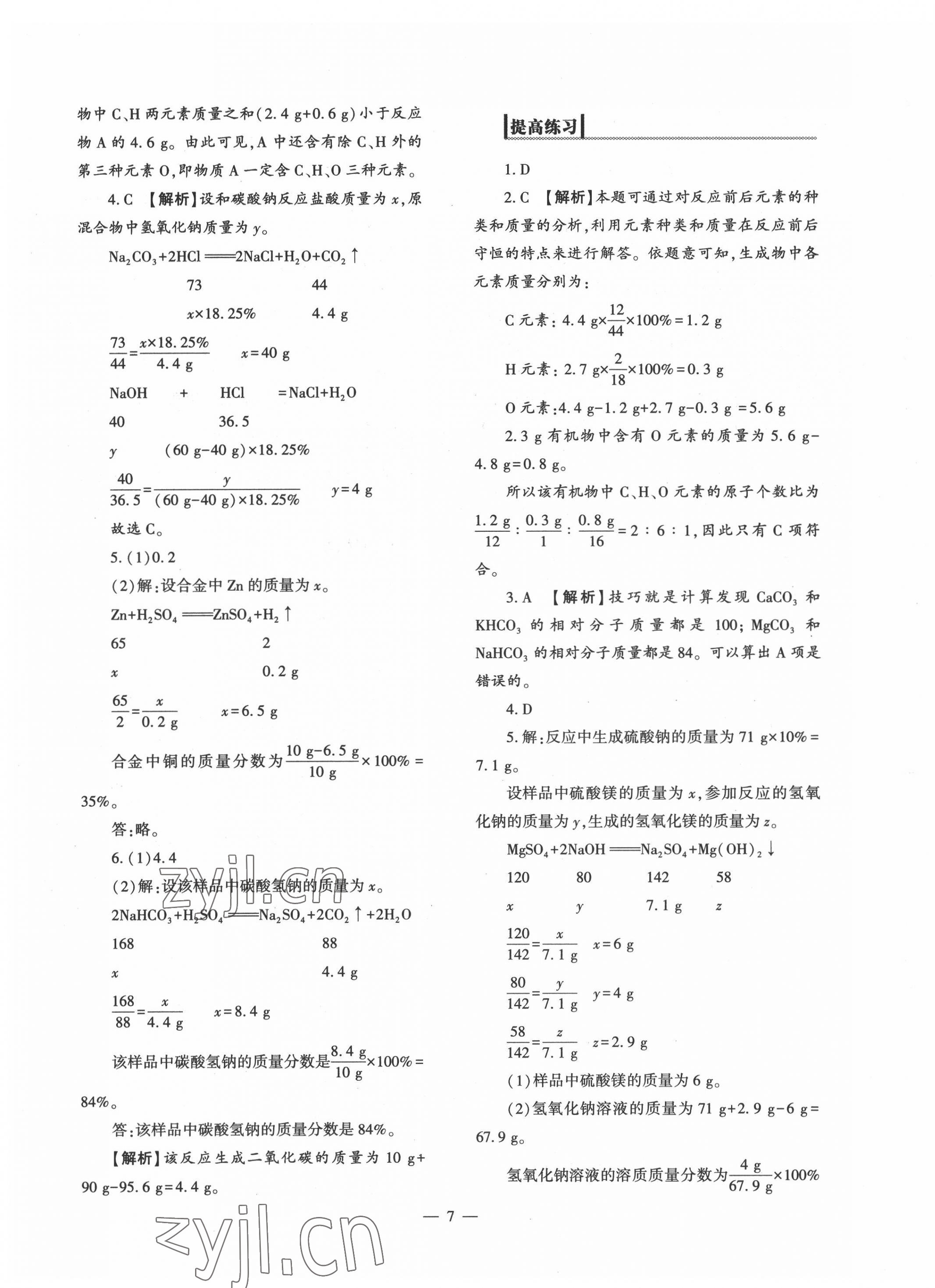 2022年中考復(fù)習(xí)精講與測(cè)試化學(xué) 參考答案第7頁