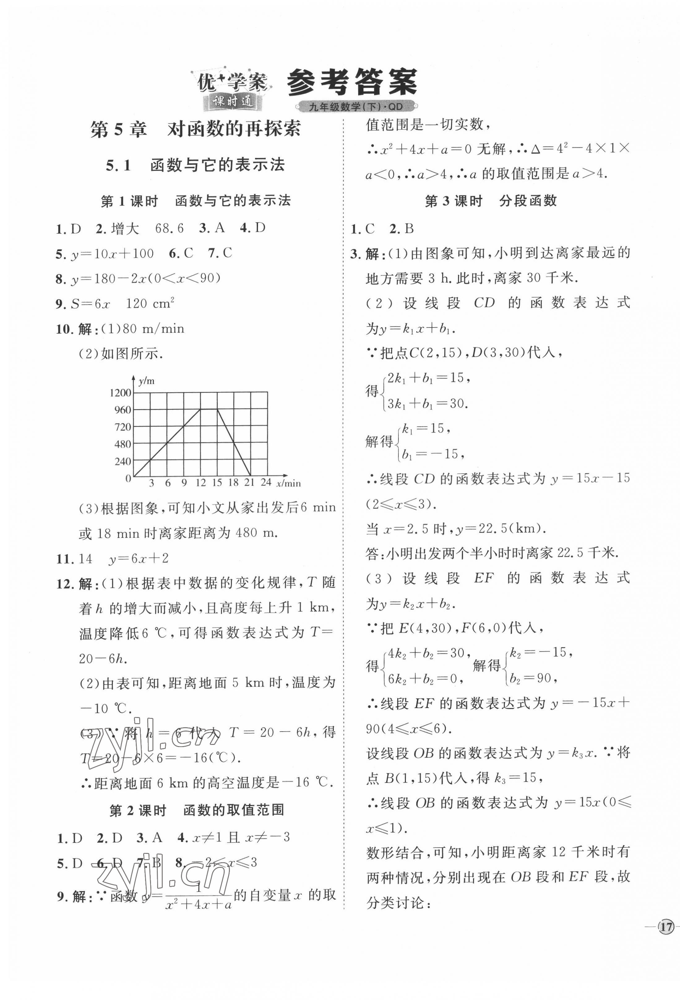 2022年优加学案课时通九年级数学下册青岛版 参考答案第1页