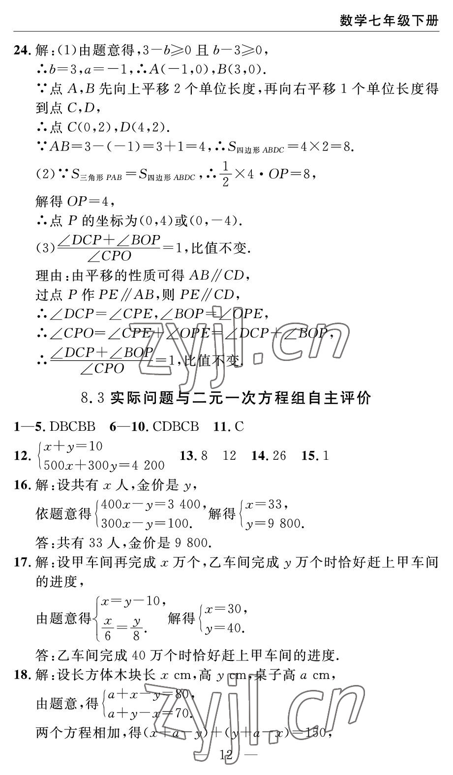 2022年智慧课堂自主评价七年级数学下册人教版宜昌专版 参考答案第12页