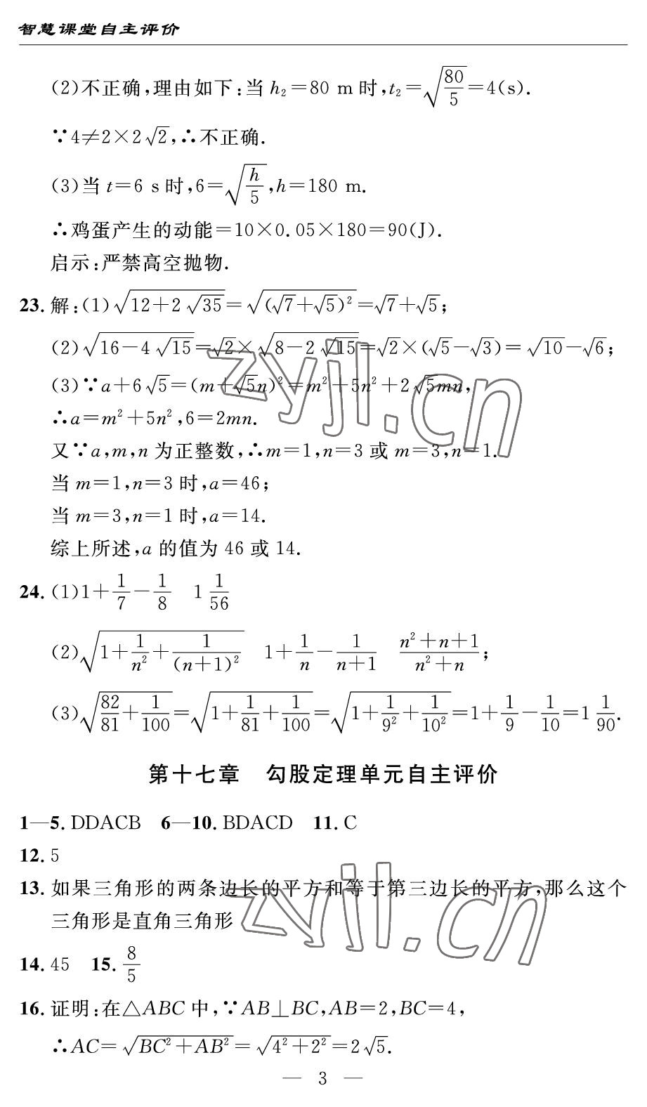2022年智慧課堂自主評價八年級數學下冊人教版宜昌專版 參考答案第3頁