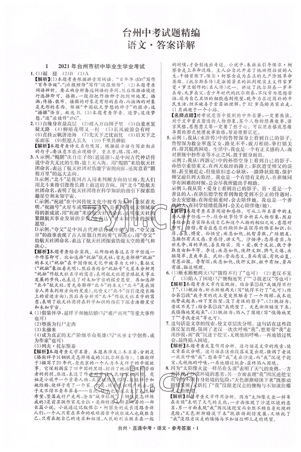 2022年直通中考中考試題精編語(yǔ)文臺(tái)州專(zhuān)版 參考答案第1頁(yè)