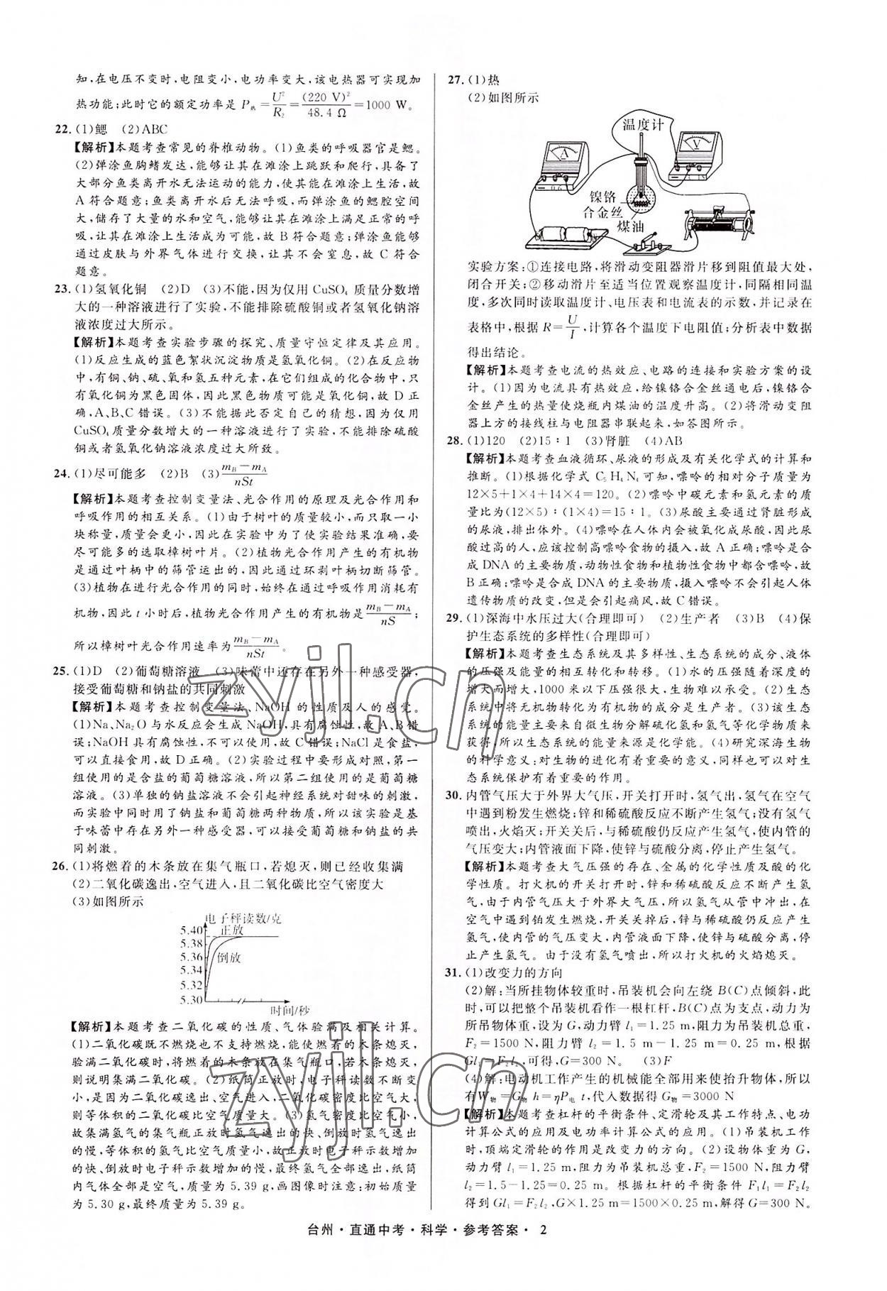 2022年直通中考中考試題精編科學(xué)臺州專版 參考答案第2頁