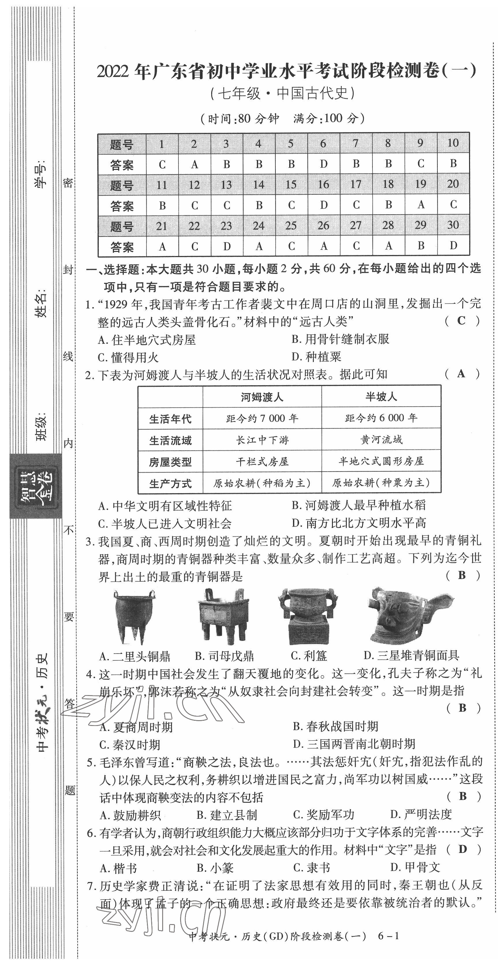 2022年中考状元历史广东专版 参考答案第2页