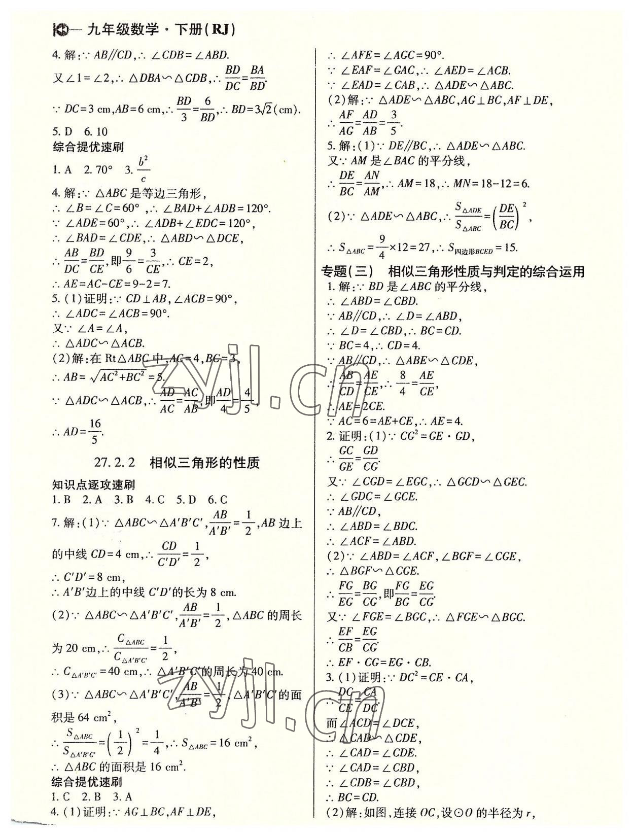 2022年課堂10分鐘小題速刷九年級(jí)數(shù)學(xué)下冊(cè)人教版 參考答案第6頁