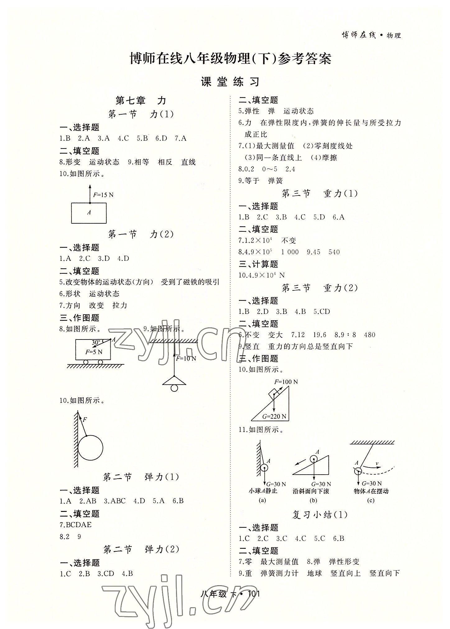 2022年博师在线八年级物理下册人教版大连专版 参考答案第1页