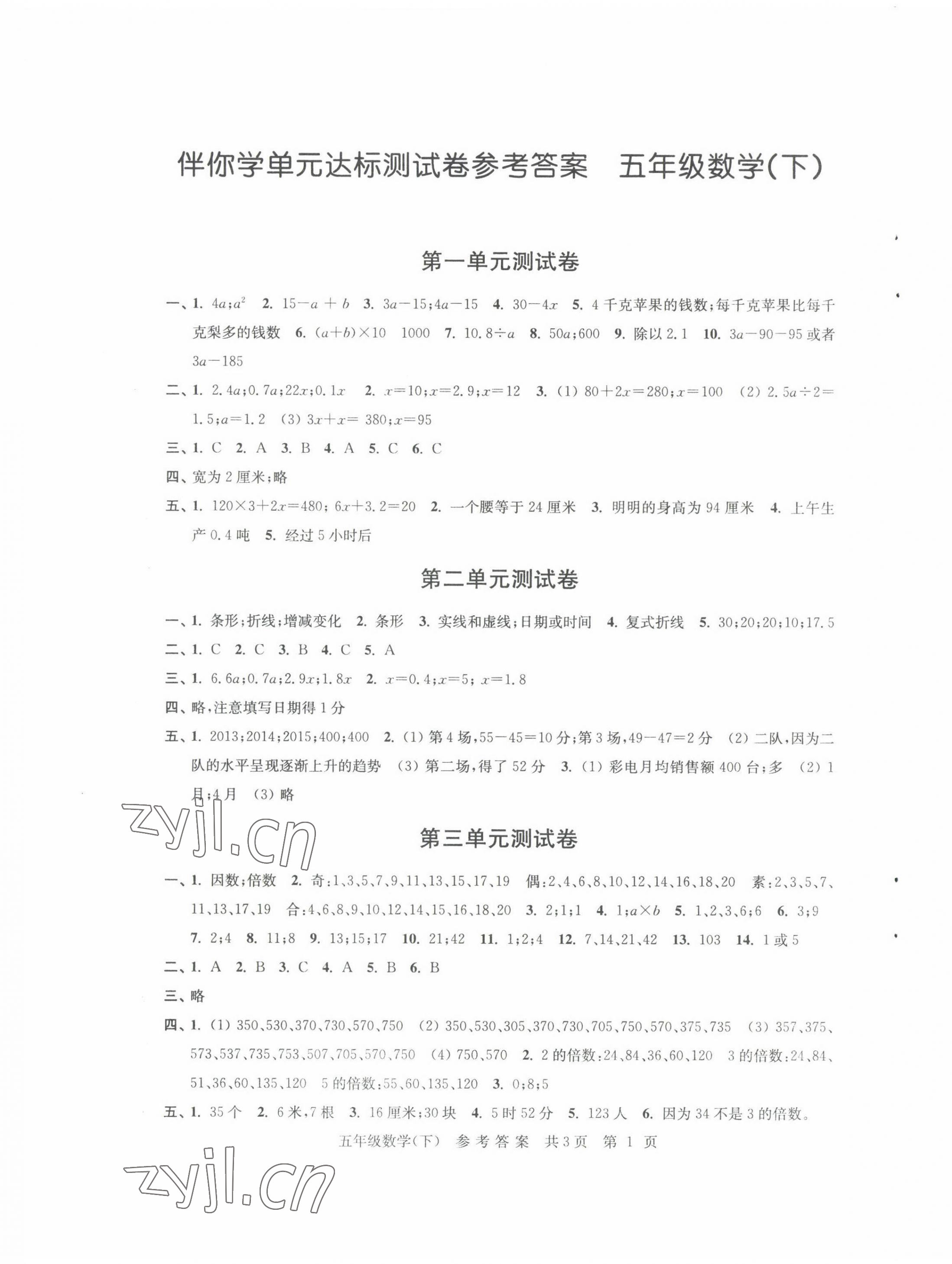 2022年伴你學(xué)單元達(dá)標(biāo)測(cè)試卷五年級(jí)數(shù)學(xué)下冊(cè)蘇教版 參考答案第1頁(yè)