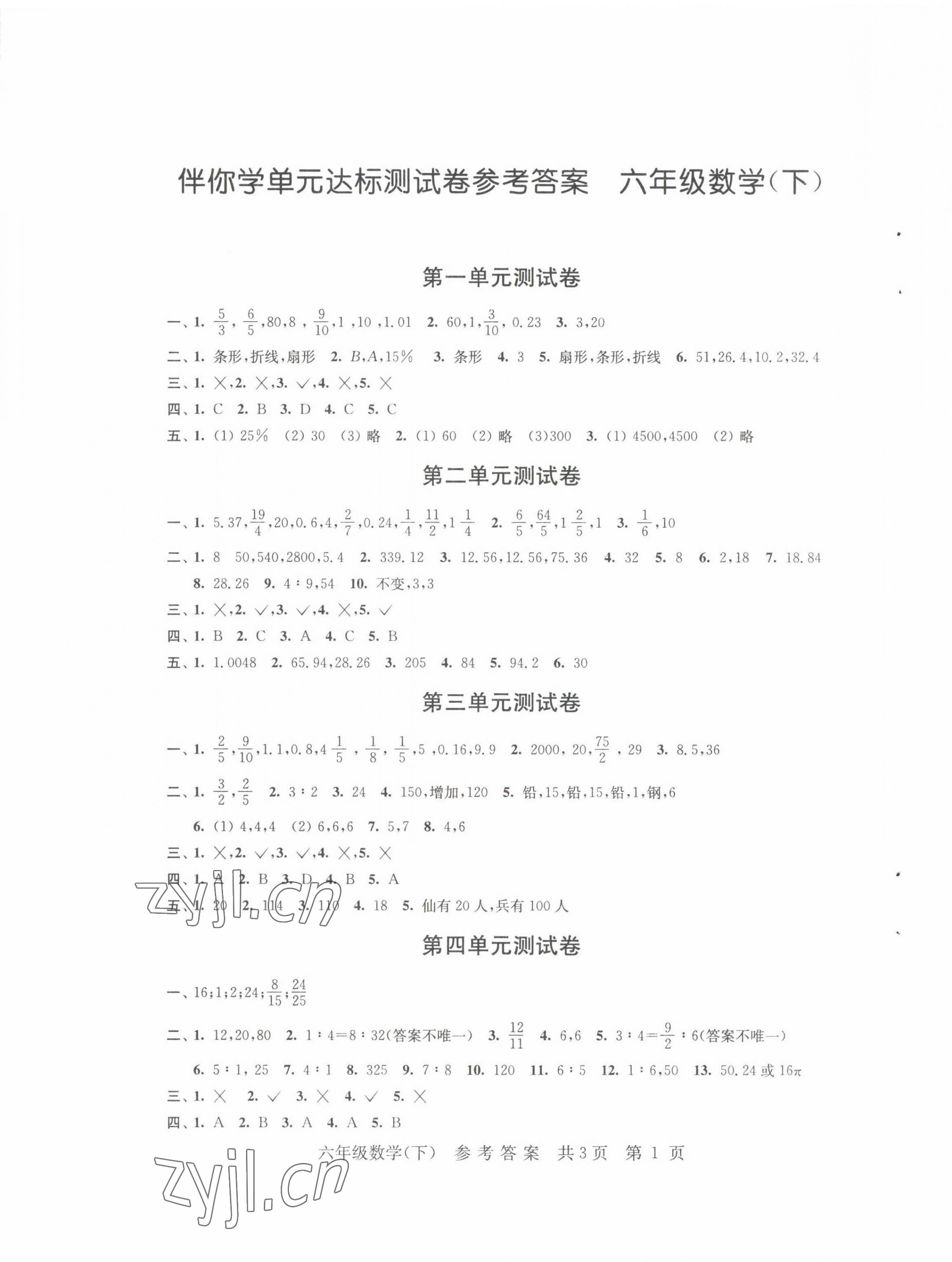 2022年伴你學(xué)單元達(dá)標(biāo)測試卷六年級數(shù)學(xué)下冊蘇教版 參考答案第1頁