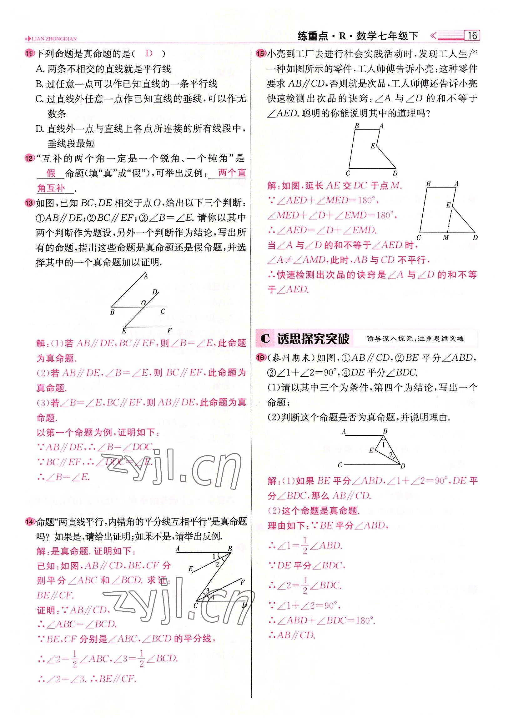 2022年練重點七年級數(shù)學下冊人教版河南專版 參考答案第16頁