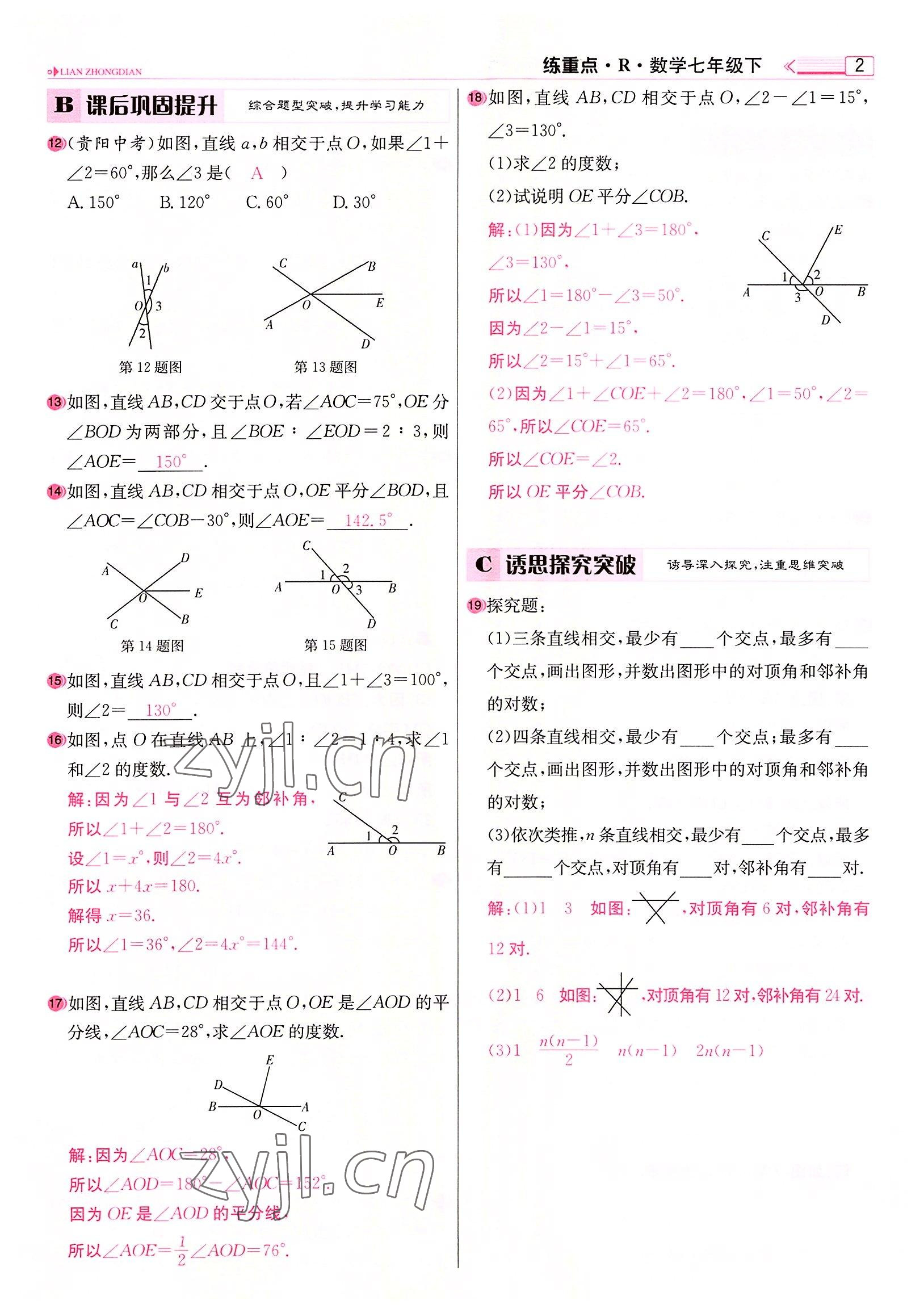 2022年練重點七年級數(shù)學下冊人教版河南專版 參考答案第2頁