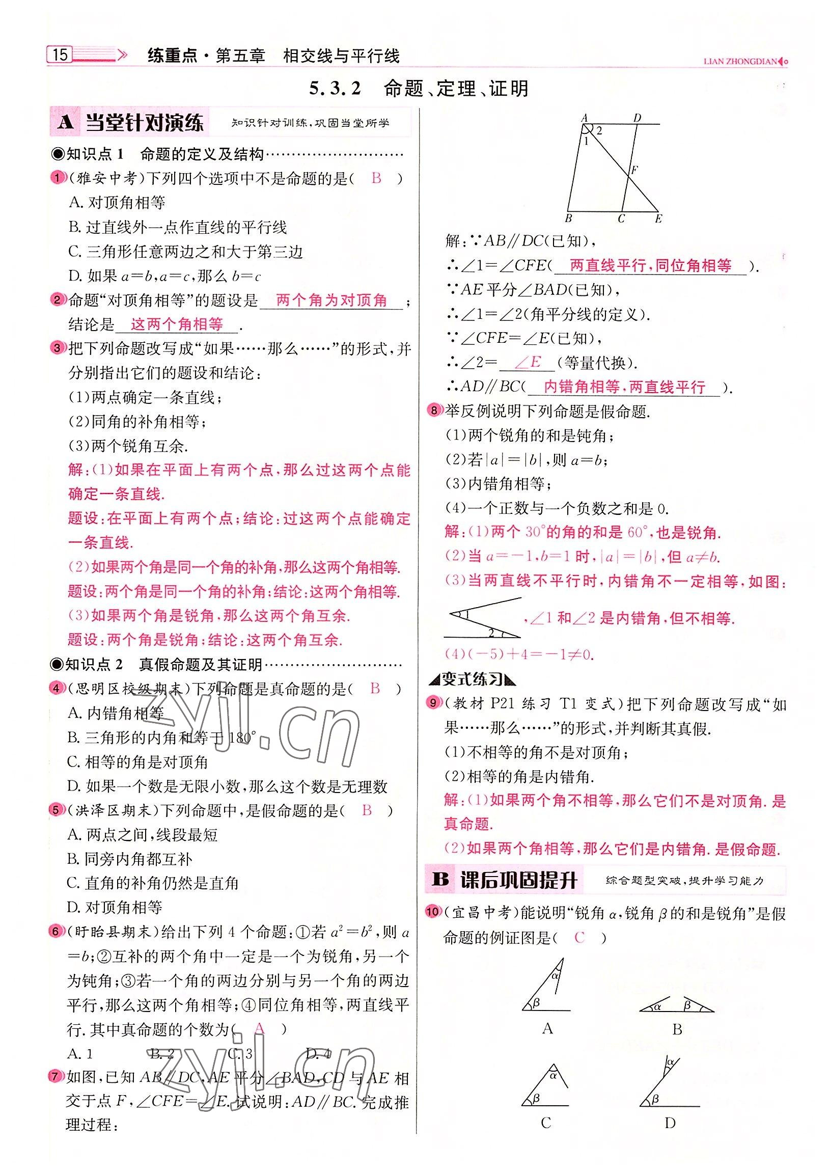 2022年練重點七年級數(shù)學(xué)下冊人教版河南專版 參考答案第15頁