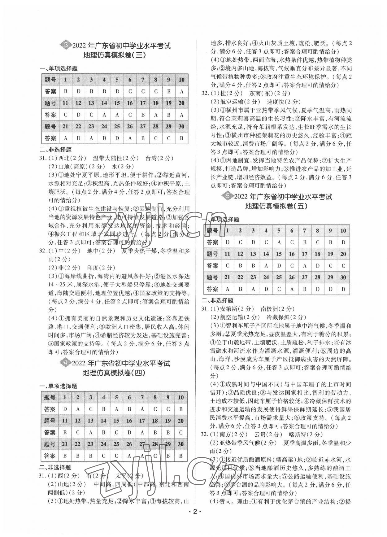 2022年廣東中考大考卷地理 參考答案第2頁