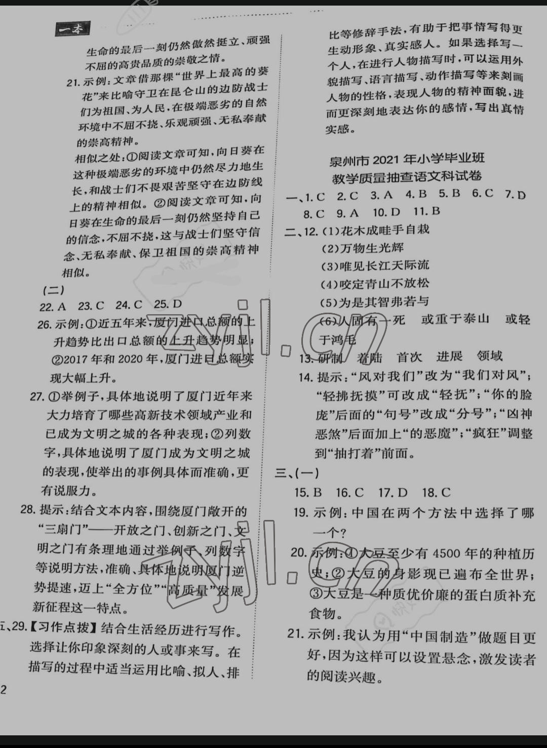 2022年一本小升初沖刺新卷六年級語文福建專版 參考答案第2頁