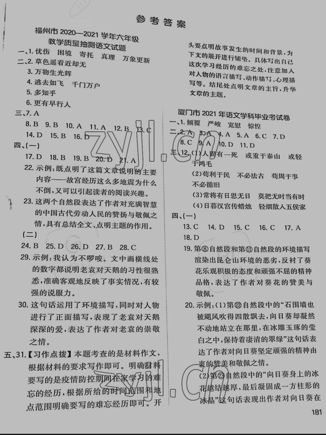 2022年一本小升初沖刺新卷六年級(jí)語(yǔ)文福建專版 參考答案第1頁(yè)