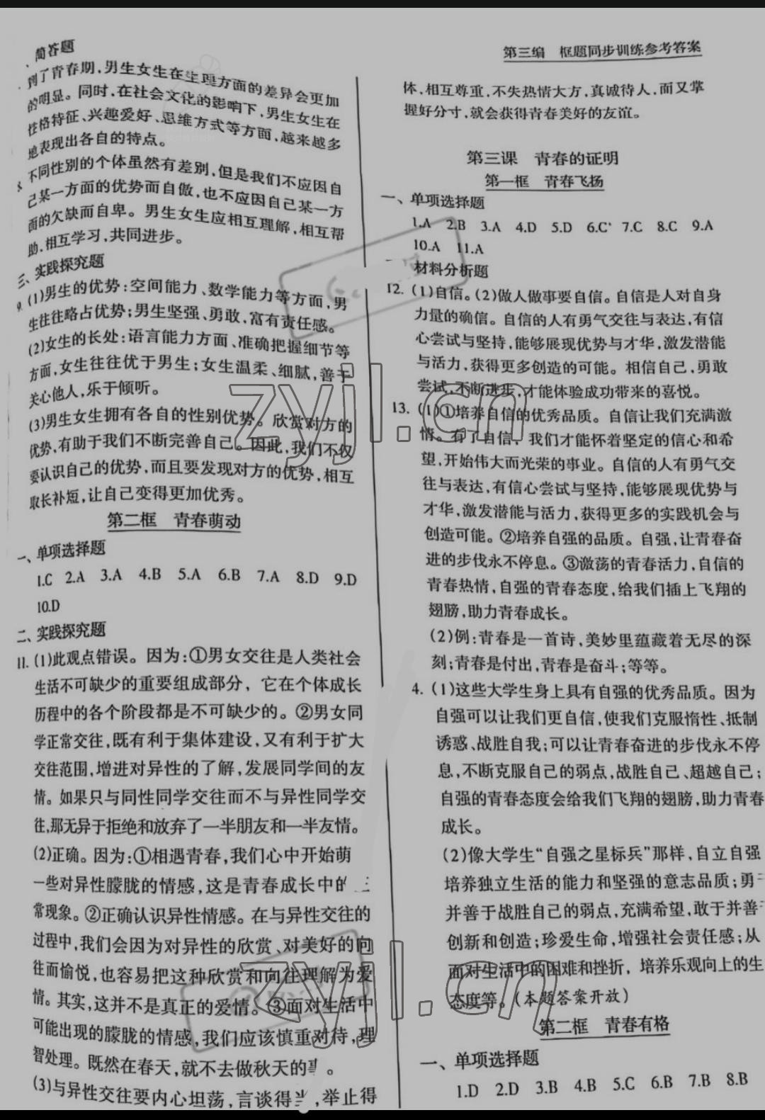 2022年新导学与同步训练七年级道德与法治下册人教版 参考答案第2页