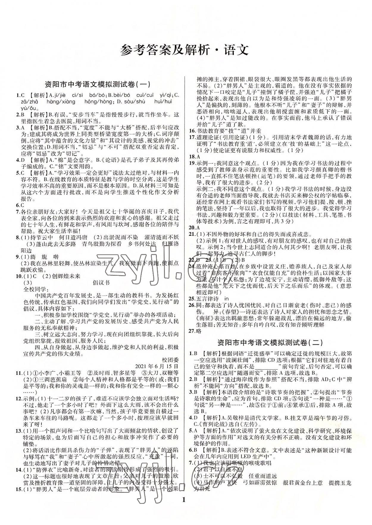 2022年名师点拨中考导航语文资阳专版 第1页