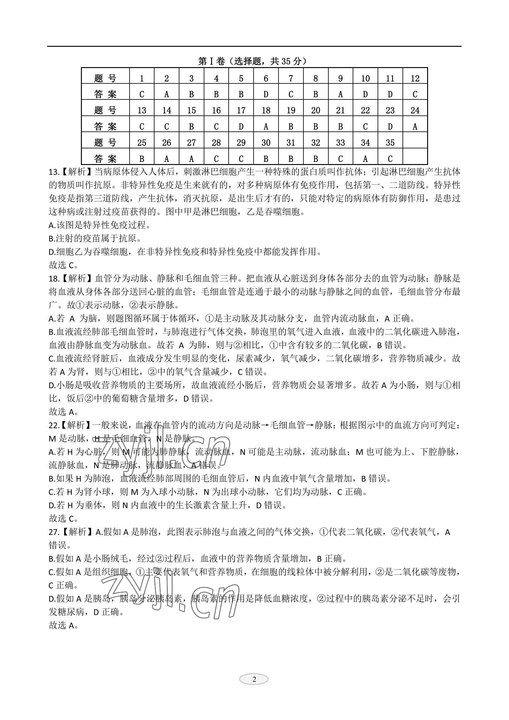 2022年同城中考生物 参考答案第2页