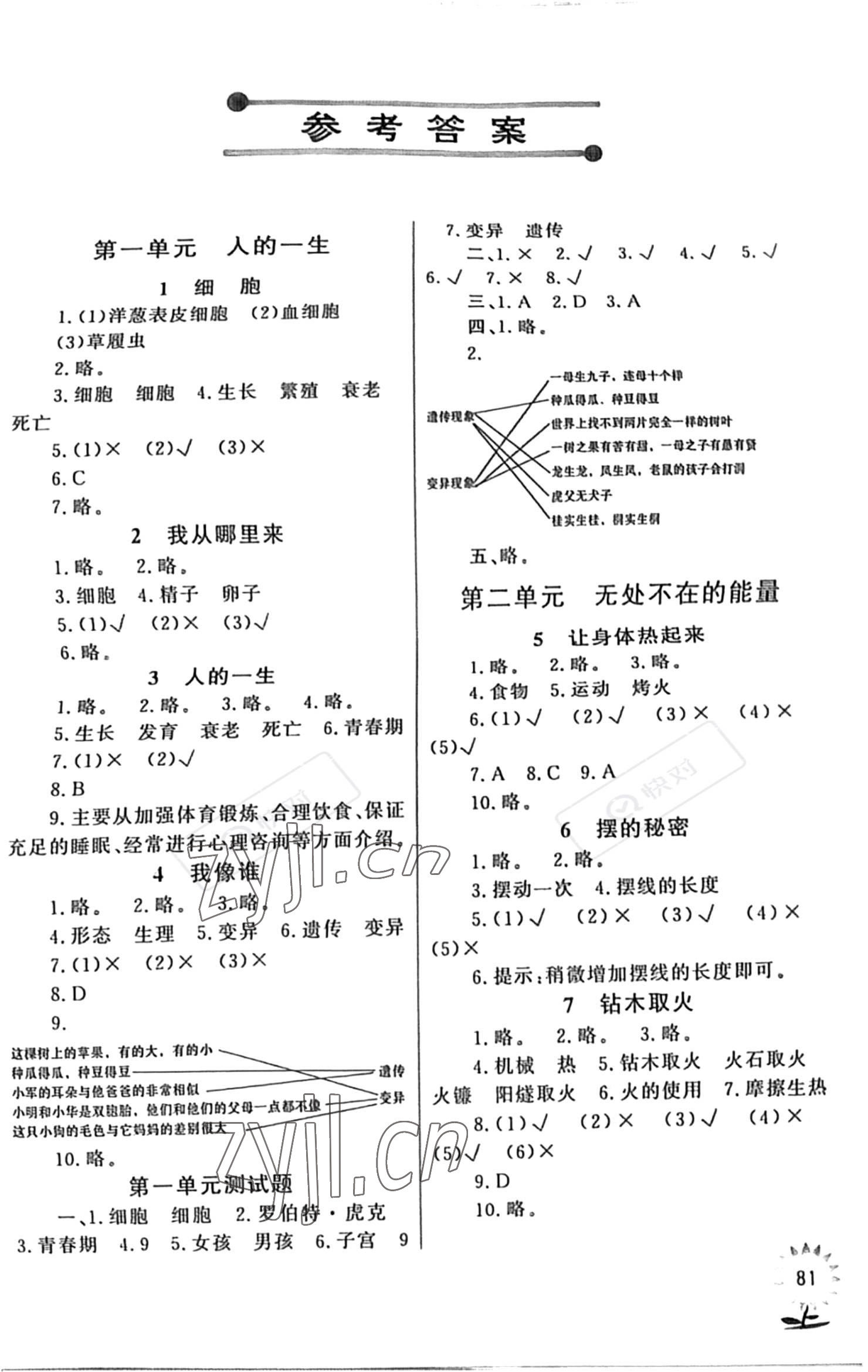 2022年同步練習(xí)山東文藝出版社六年級(jí)科學(xué)下冊(cè)青島版 參考答案第1頁