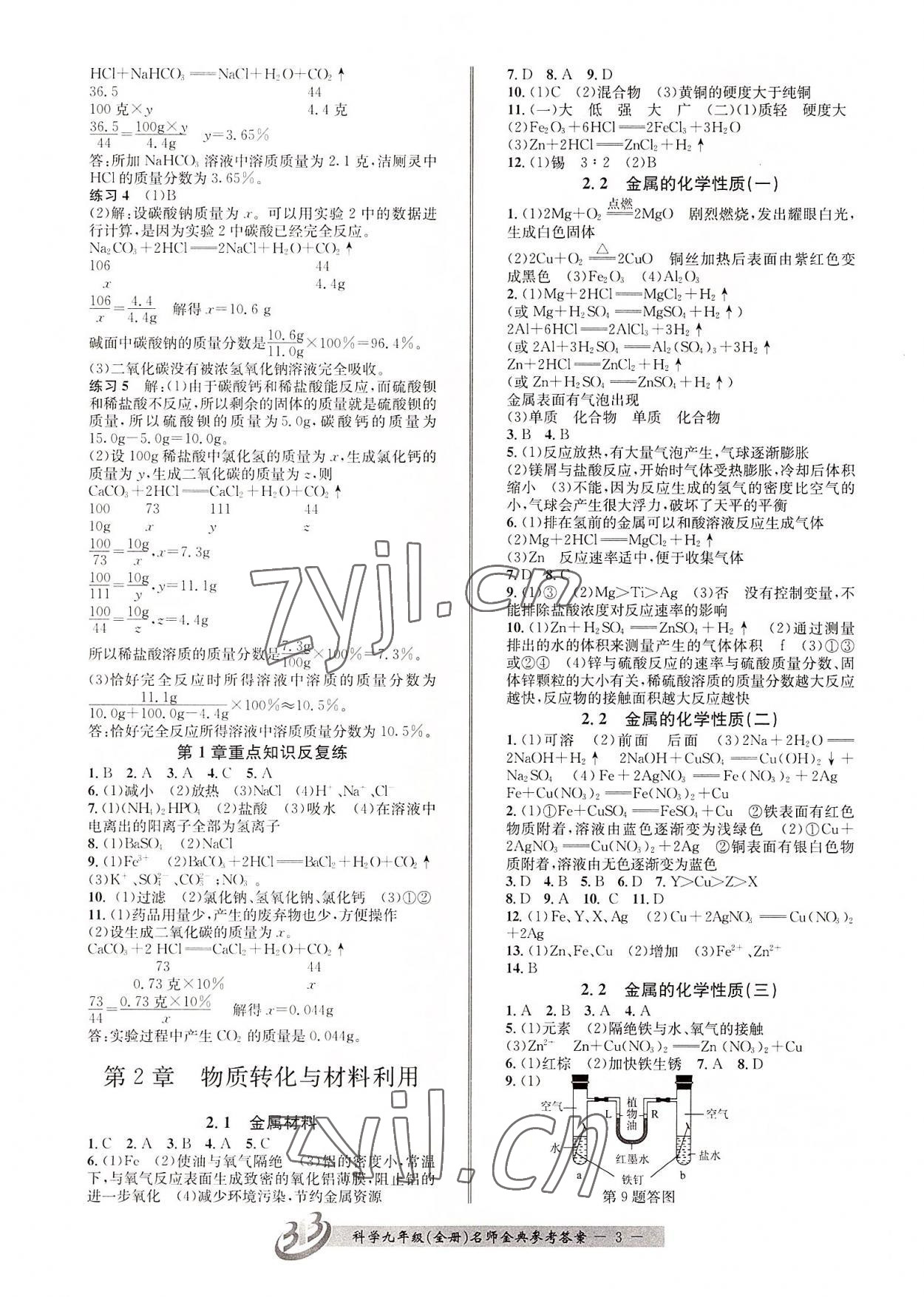 2022年名師金典BFB初中課時(shí)優(yōu)化九年級(jí)科學(xué)全一冊浙教版 參考答案第3頁