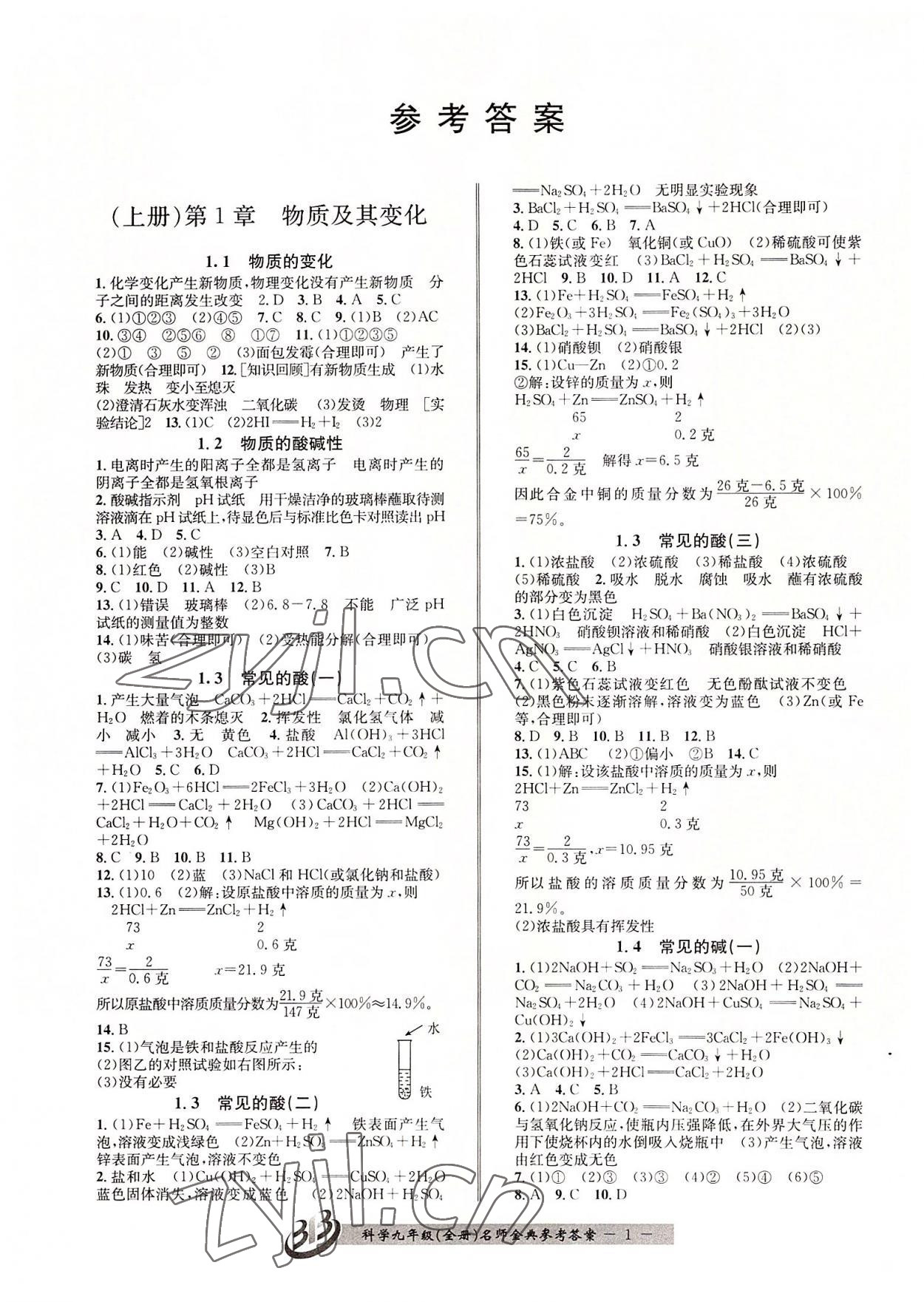 2022年名師金典BFB初中課時優(yōu)化九年級科學(xué)全一冊浙教版 參考答案第1頁