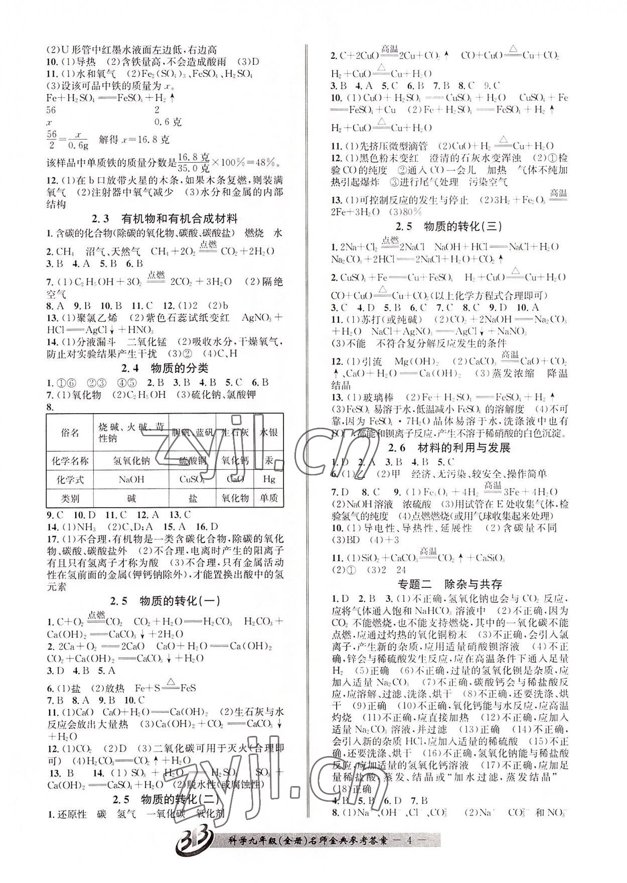 2022年名師金典BFB初中課時優(yōu)化九年級科學(xué)全一冊浙教版 參考答案第4頁