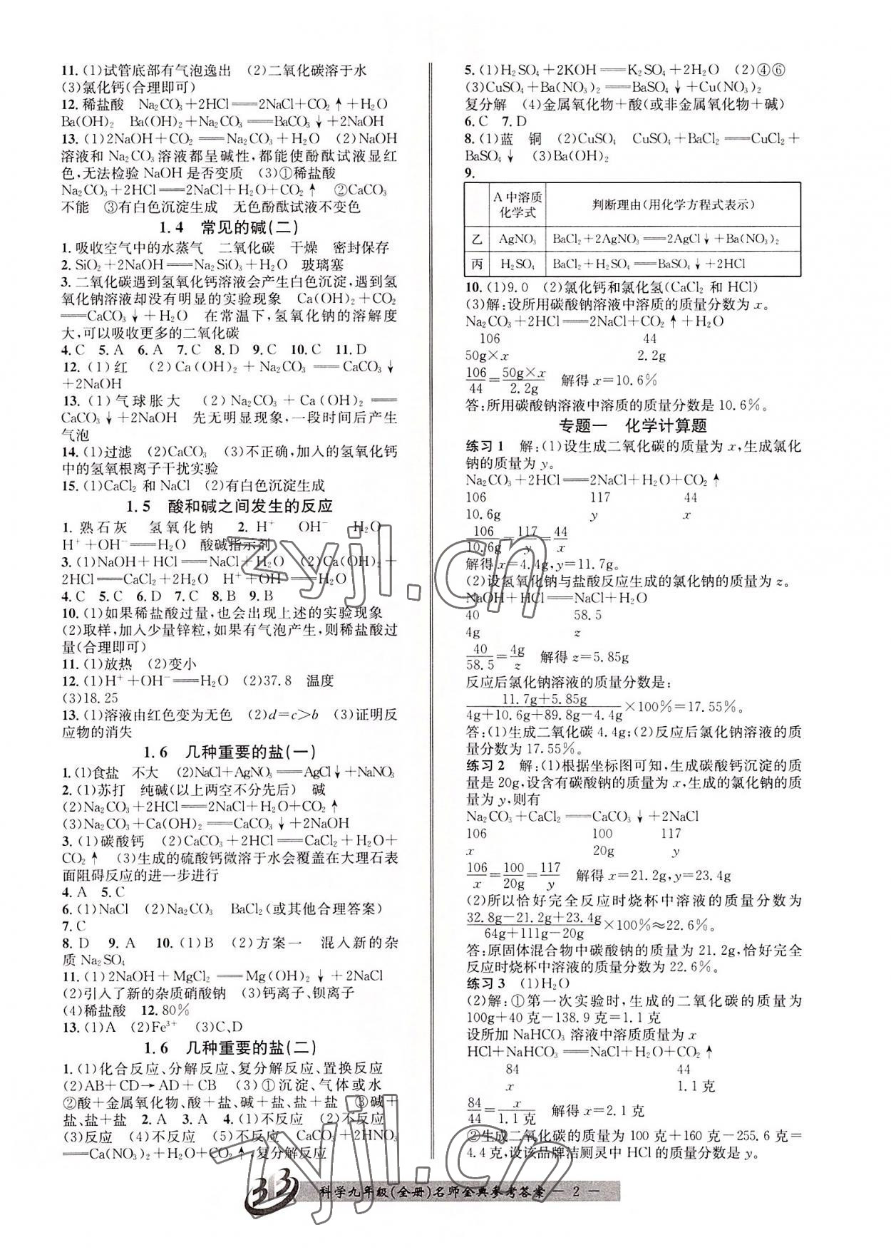 2022年名師金典BFB初中課時(shí)優(yōu)化九年級(jí)科學(xué)全一冊(cè)浙教版 參考答案第2頁(yè)