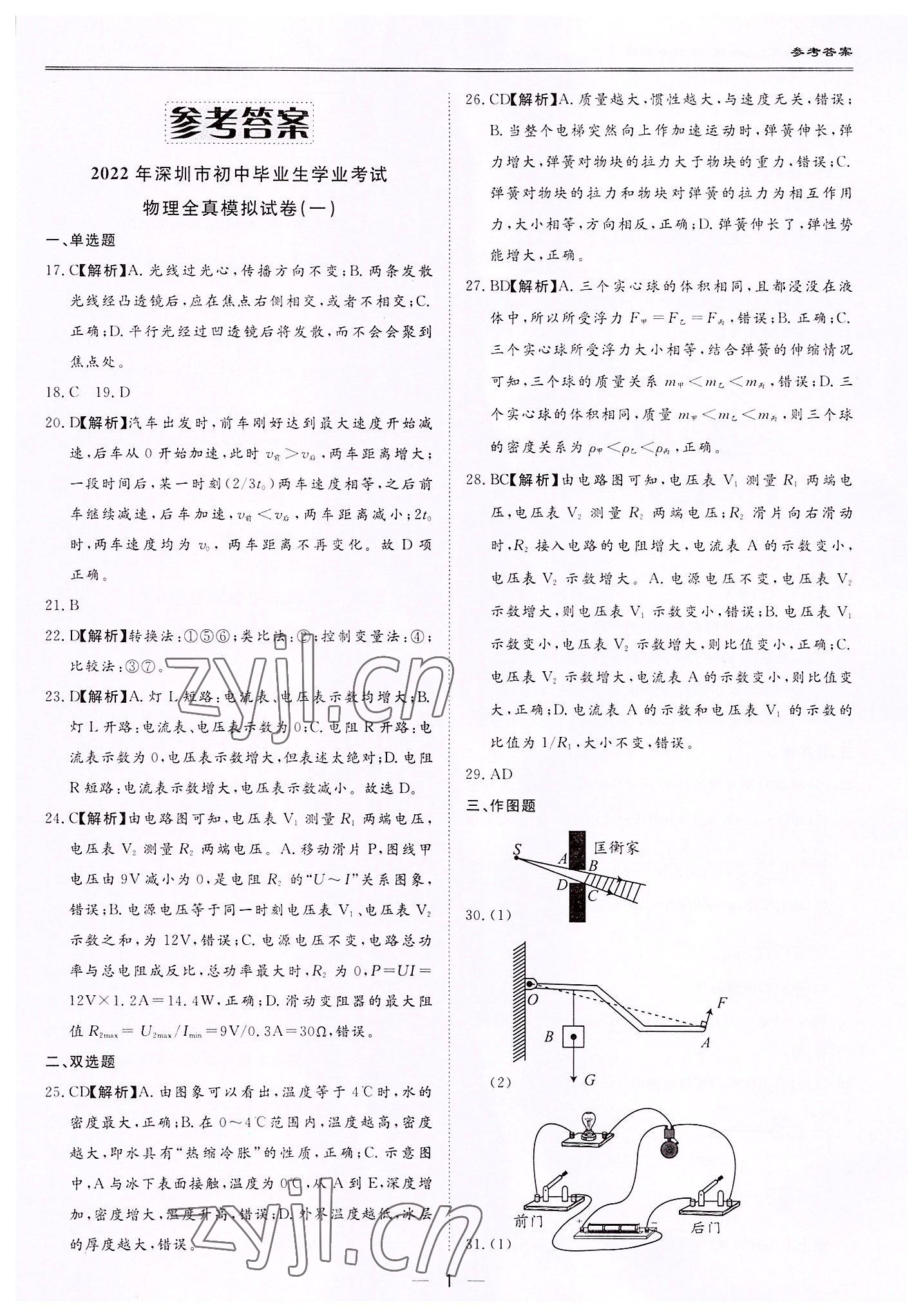 2022年中考?？纪跞婺M試卷物理深圳專版 第1頁