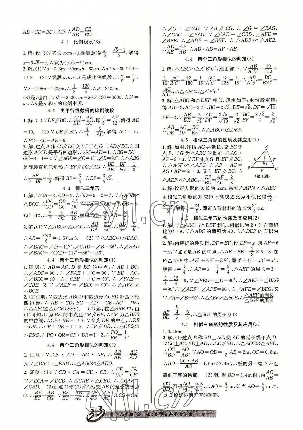 2022年名師金典BFB初中課時(shí)優(yōu)化九年級數(shù)學(xué)全一冊浙教版 參考答案第4頁