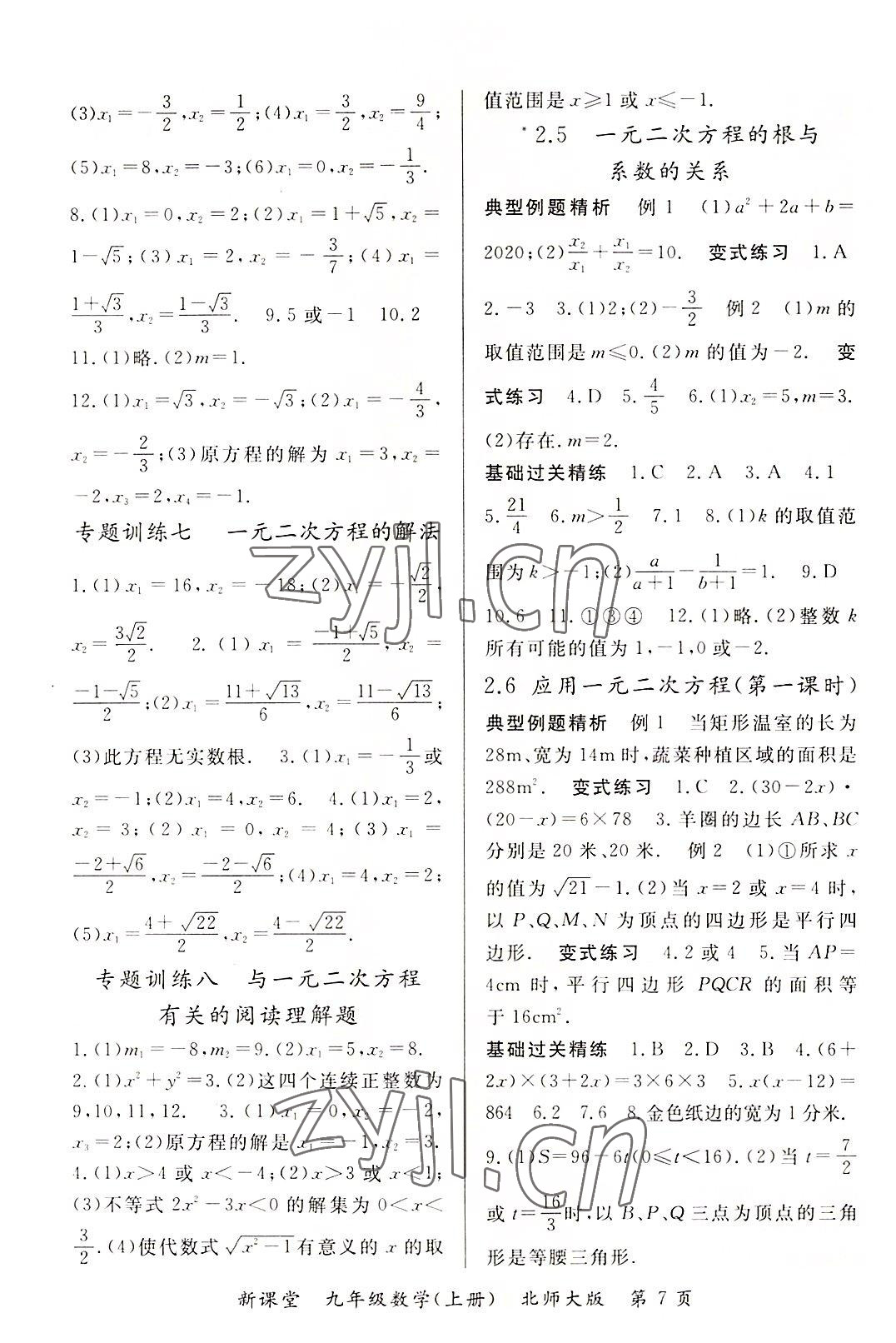 2022年启航新课堂九年级数学上册北师大版 参考答案第7页