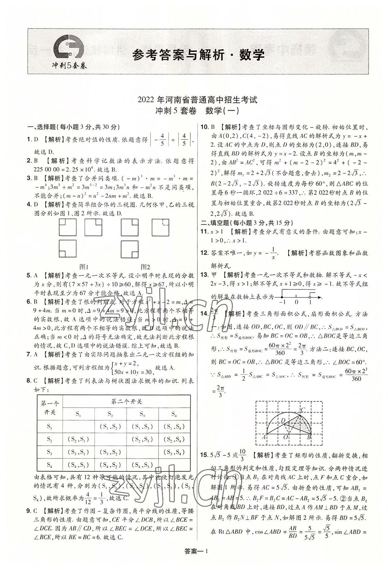 2022年領揚中考沖刺5套卷數學河南專版 參考答案第1頁