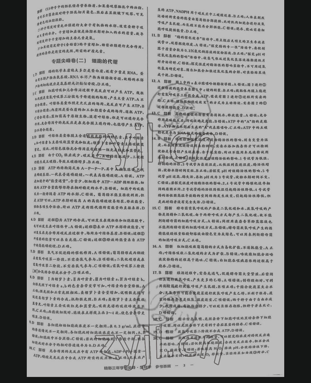 2021年精彩三年學考尖峰高中生物 參考答案第2頁