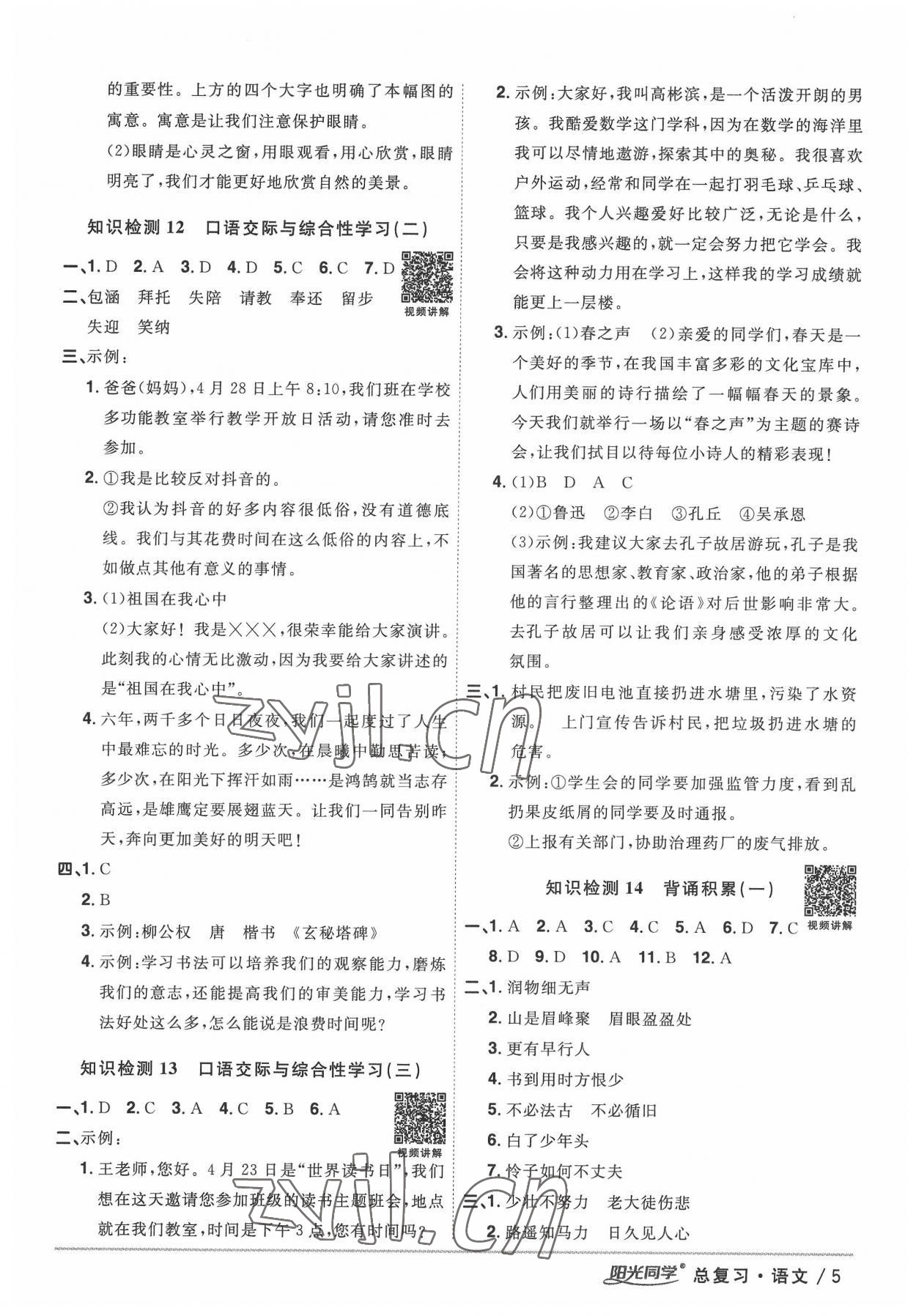 2022年陽光同學小學畢業(yè)升學系統(tǒng)總復(fù)習語文 參考答案第5頁