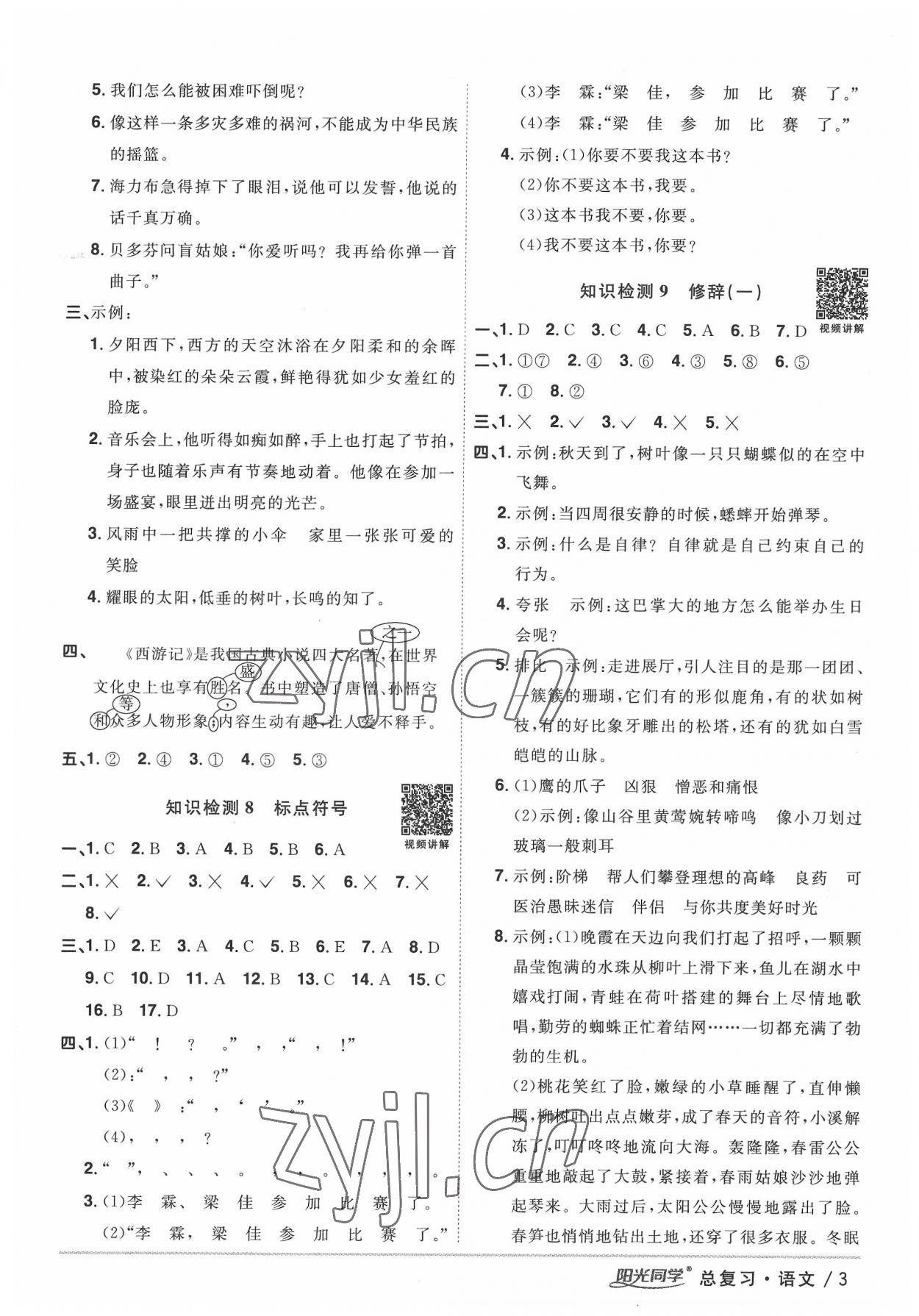 2022年陽光同學(xué)小學(xué)畢業(yè)升學(xué)系統(tǒng)總復(fù)習(xí)語文 參考答案第3頁