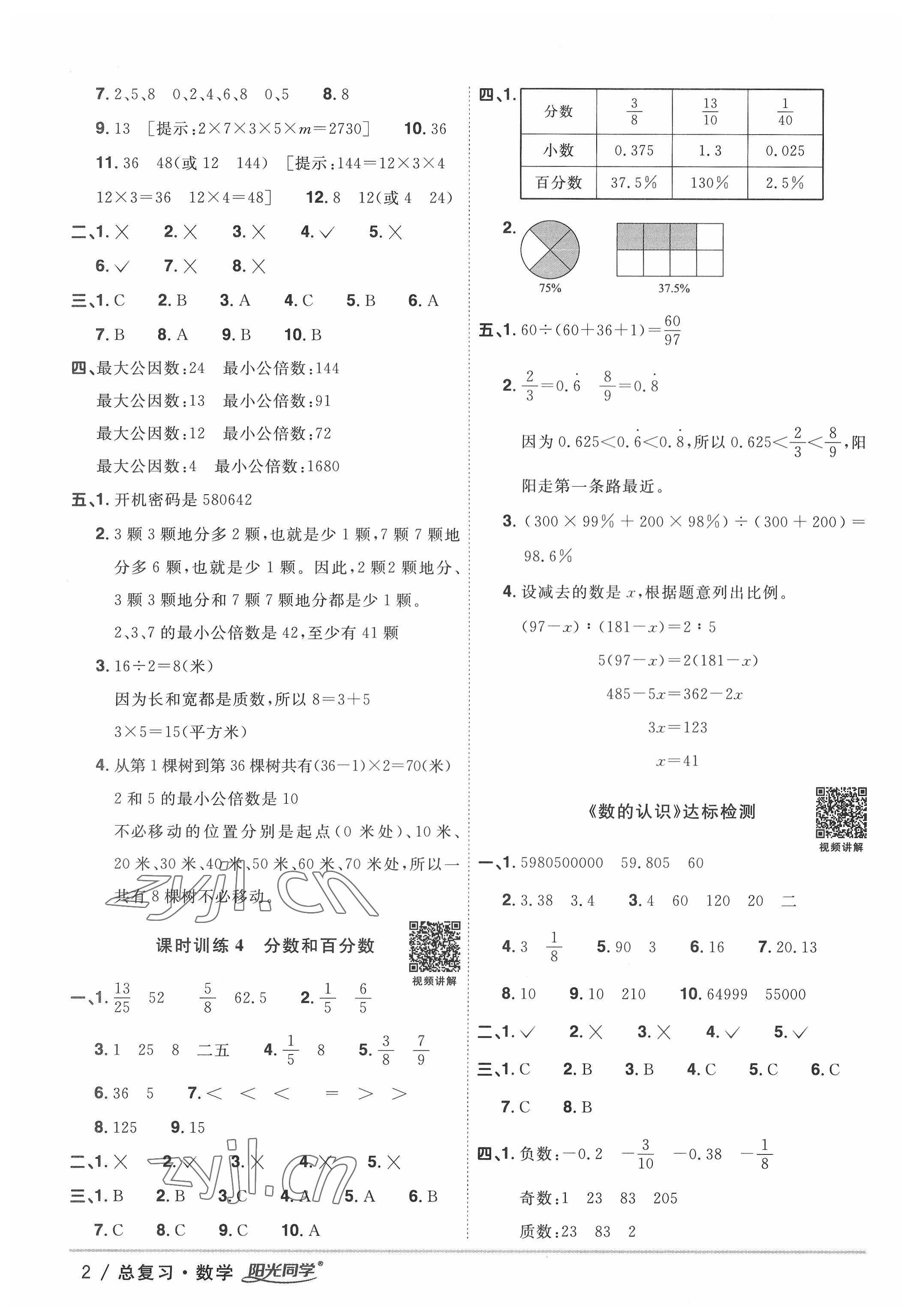 2022年阳光同学小学毕业升学系统总复习数学 参考答案第2页